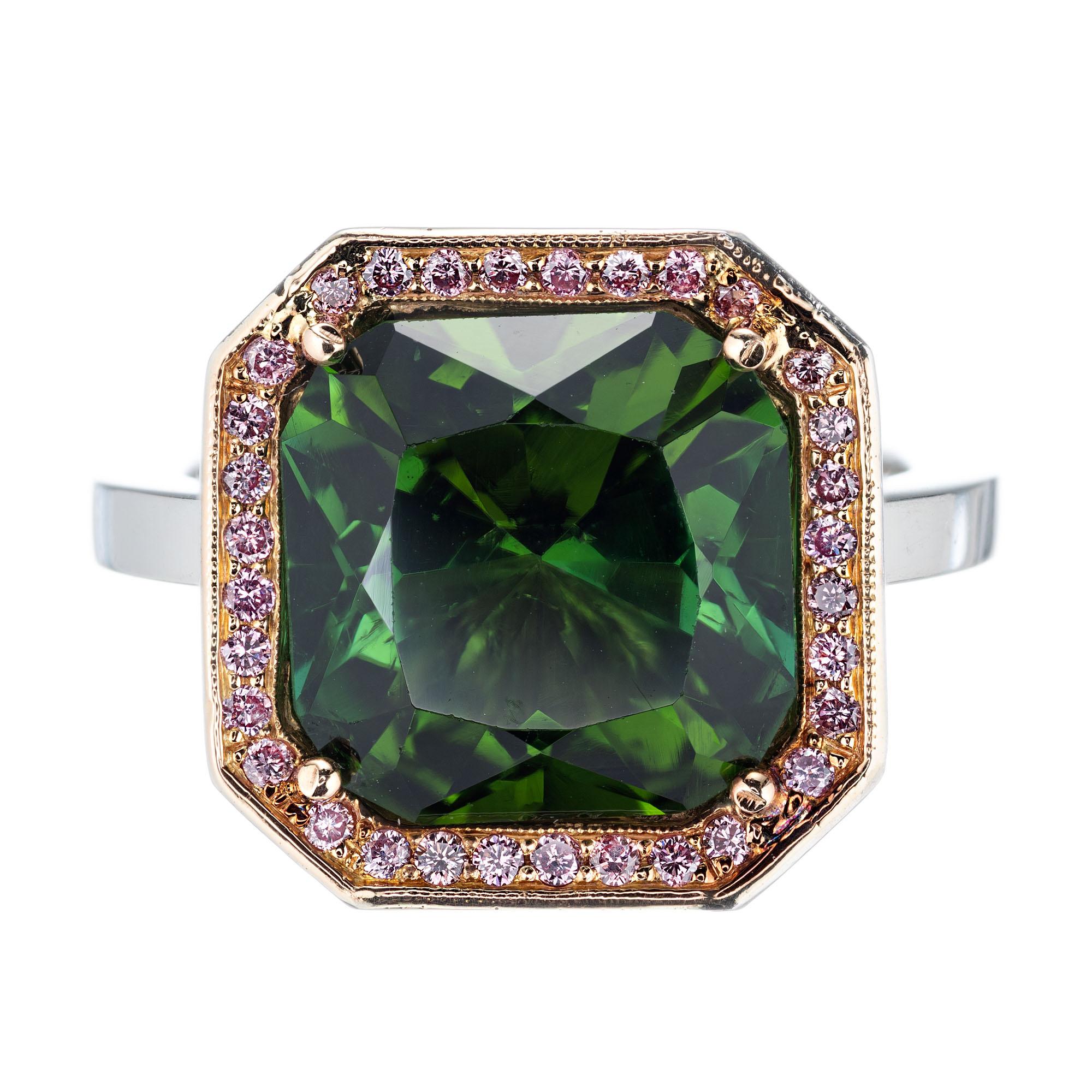 AGL certified octagonal 5.86cts deep bright green tourmaline in a simple handmade Platinum and rose gold setting accented with natural pink diamonds and rose gold scroll inlay.  

1 octagonal rich green Tourmaline, approx. total weight 5.86cts,