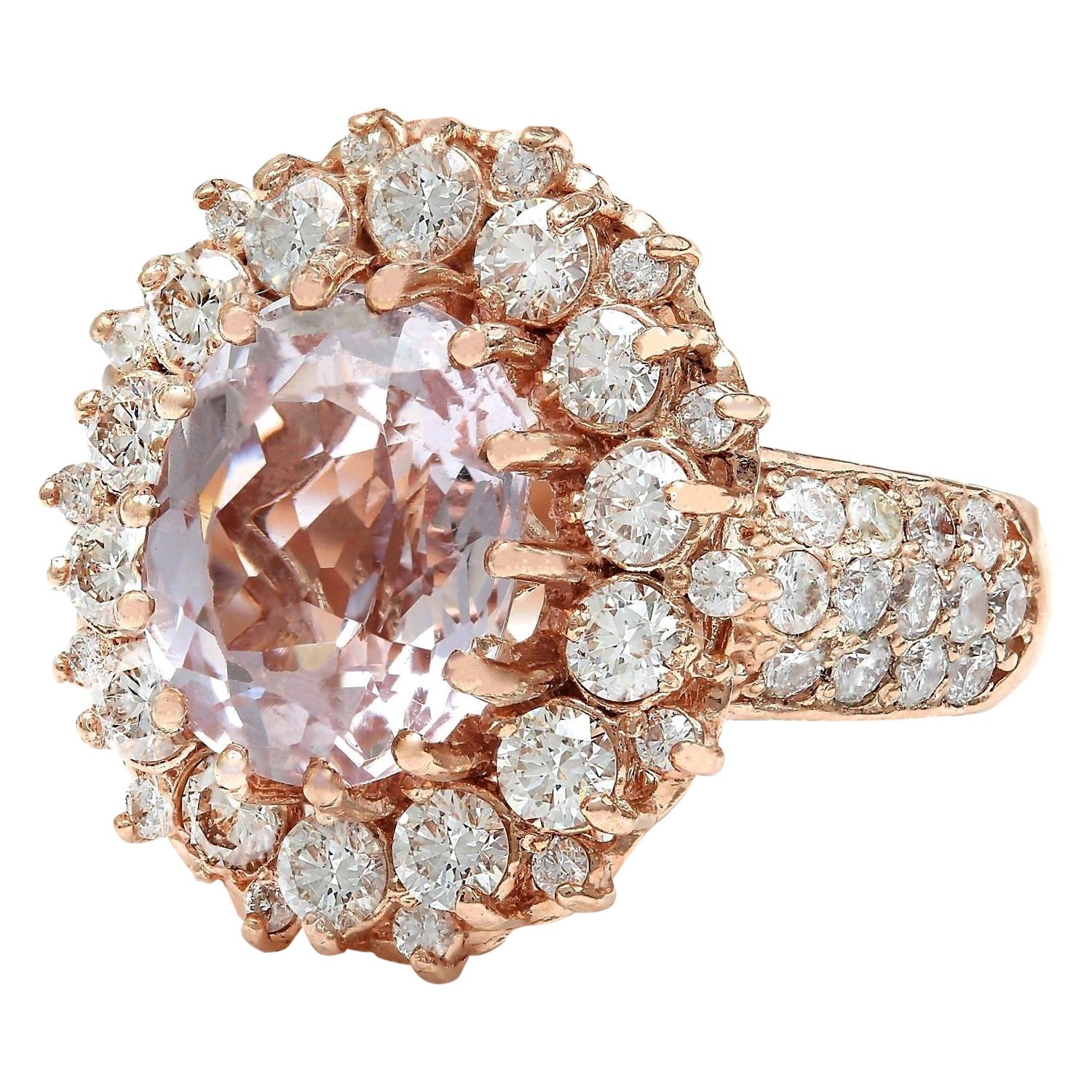 5.86 Carat Natural Kunzite 14K Solid Rose Gold Diamond Ring
 Item Type: Ring
 Item Style: Cocktail
 Material: 14K Rose Gold
 Mainstone: Kunzite
 Stone Color: Pink
 Stone Weight: 3.95 Carat
 Stone Shape: Oval
 Stone Quantity: 1
 Stone Dimensions: