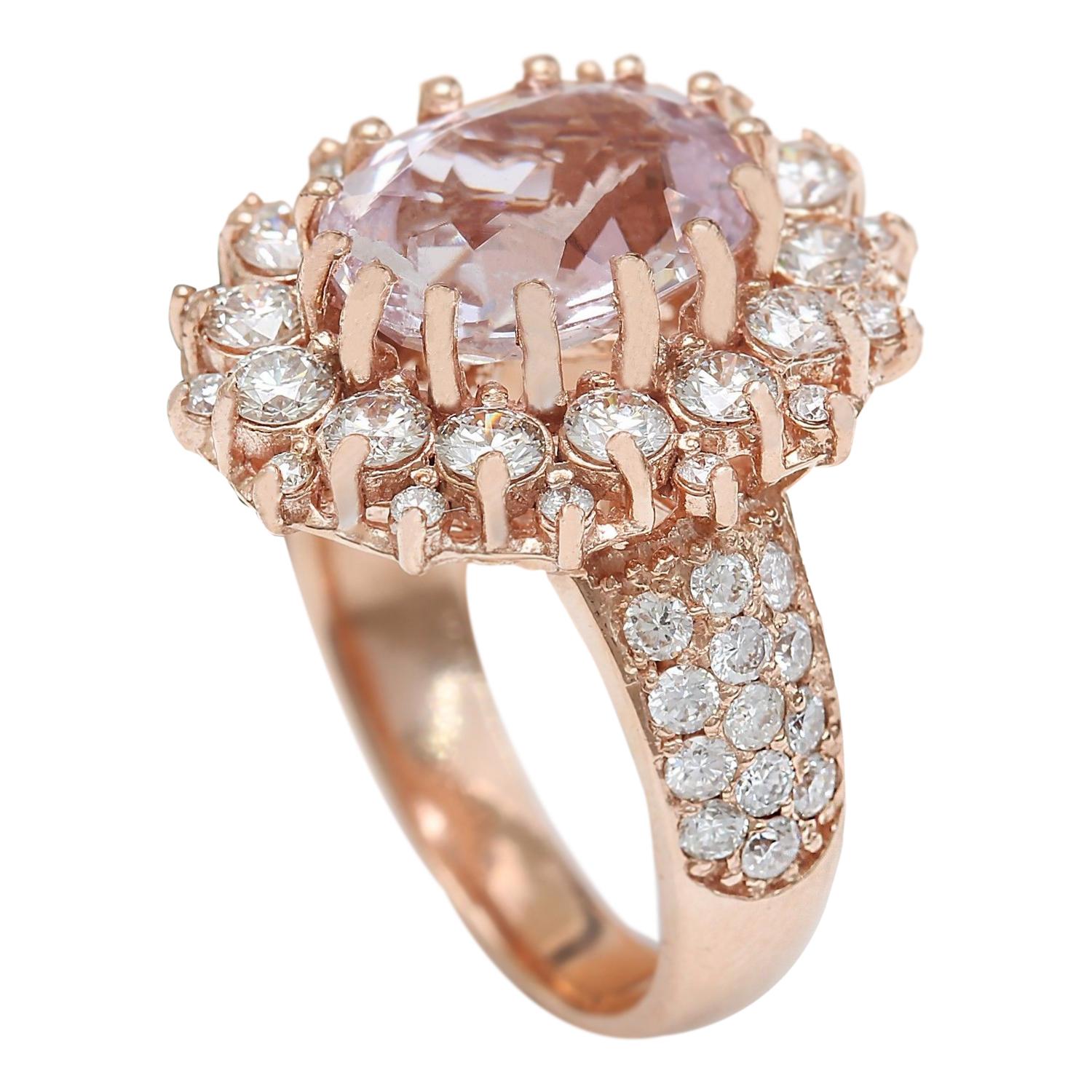 Women's Natural Kunzite Diamond Ring In 14 Karat Solid Rose Gold  For Sale