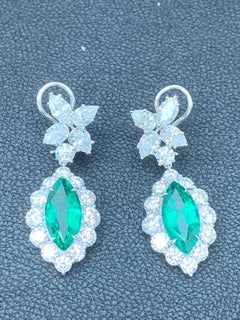 5.86 Carat of Marquise Cut Emerald and Diamond Drop Earrings in 18K White Gold