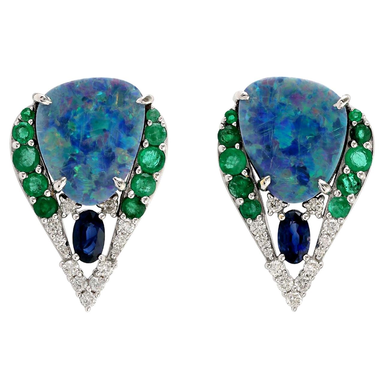 5.86 Carat Opal Emerald Diamond 18 Karat Gold Stud Earrings For Sale