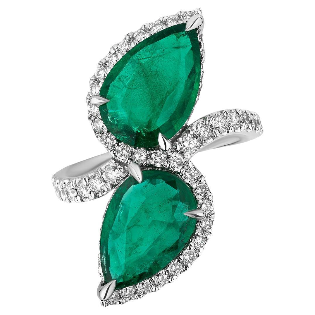 5.86 Carat Pear Shaped Emerald and Diamond Toi et Moi Ring