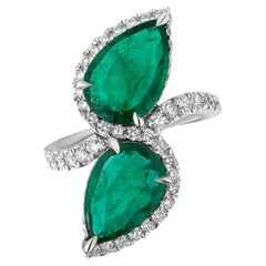 5.86 Carat Pear Shaped Emerald and Diamond Toi et Moi Ring