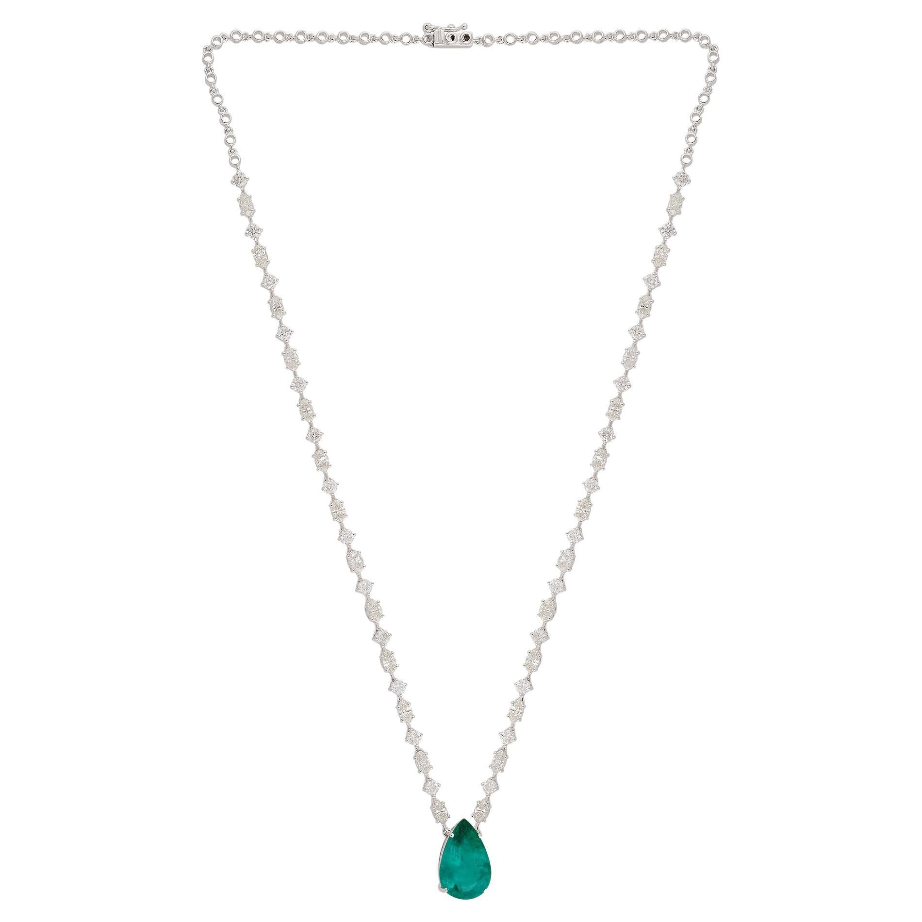 5.86 Carat Pear Zambian Emerald Pendant Necklace 5.70 Ct Diamond 18k White Gold en vente