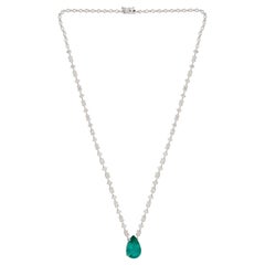 5.86 Carat Pear Zambian Emerald Pendant Necklace 5.70 Ct Diamond 18k White Gold