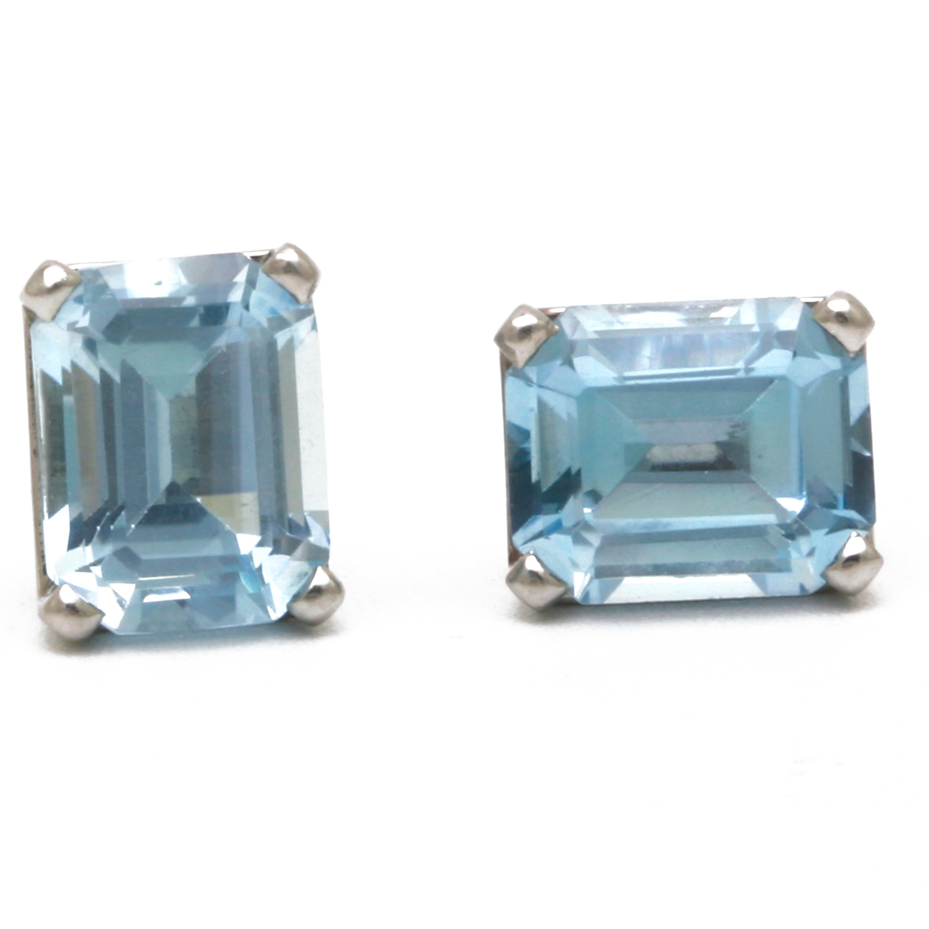 These Aquamarine earrings have a deep blue that establishes color saturation. The result is a beautifully matched pair of emerald cut Aquamarine earrings. May be converted to clip-on backs.