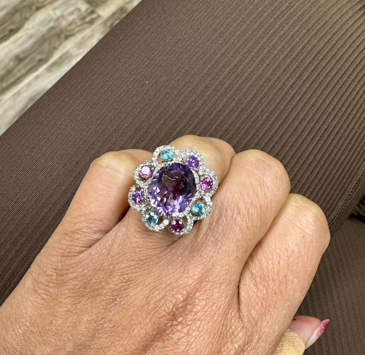 Contemporary 5.87 Carat Amethyst Sapphire and Topaz White Gold Cocktail Ring For Sale