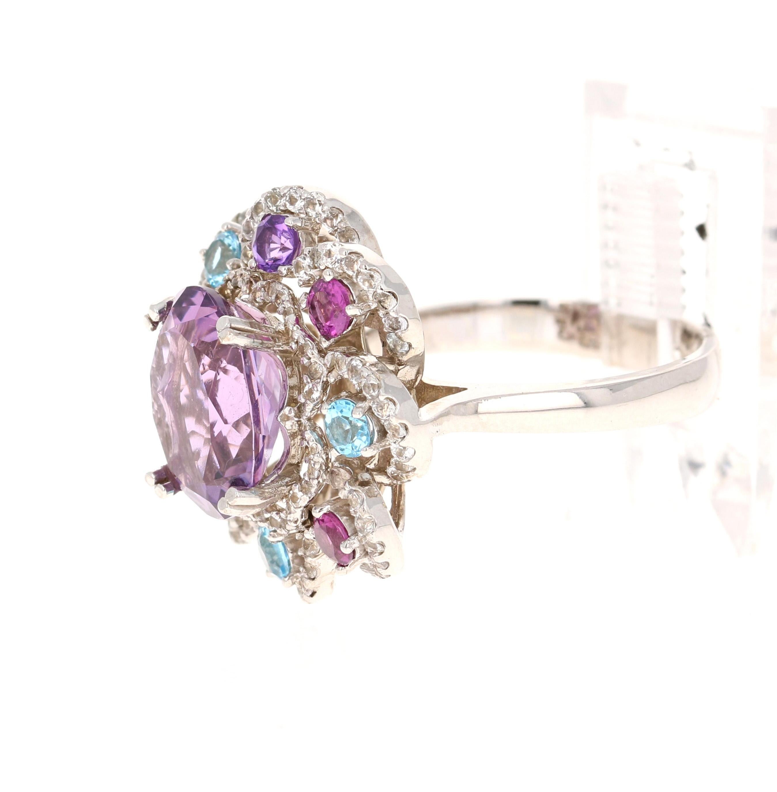 Contemporary 5.87 Carat Amethyst Sapphire and Topaz White Gold Cocktail Ring For Sale