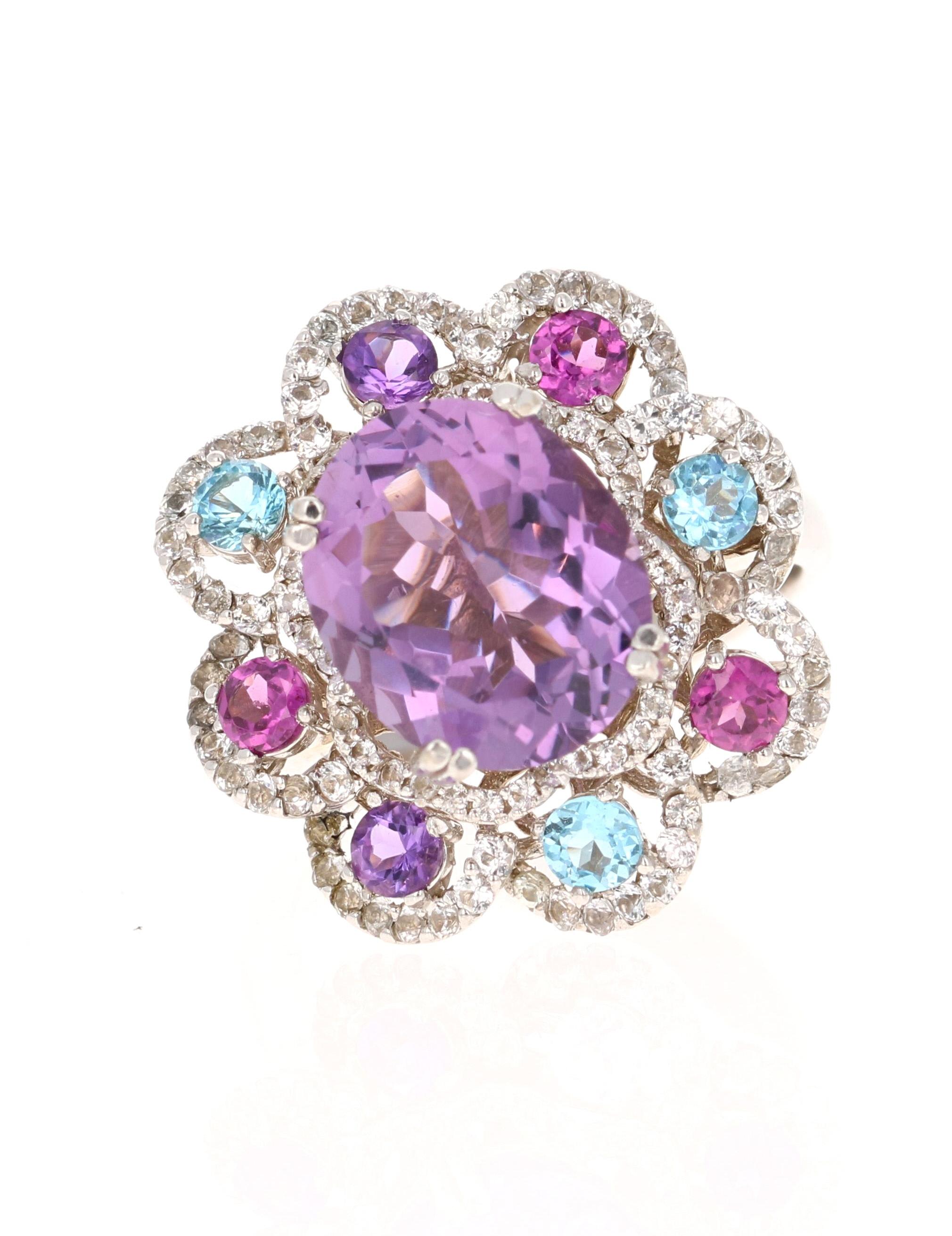 Women's 5.87 Carat Amethyst Sapphire and Topaz White Gold Cocktail Ring For Sale