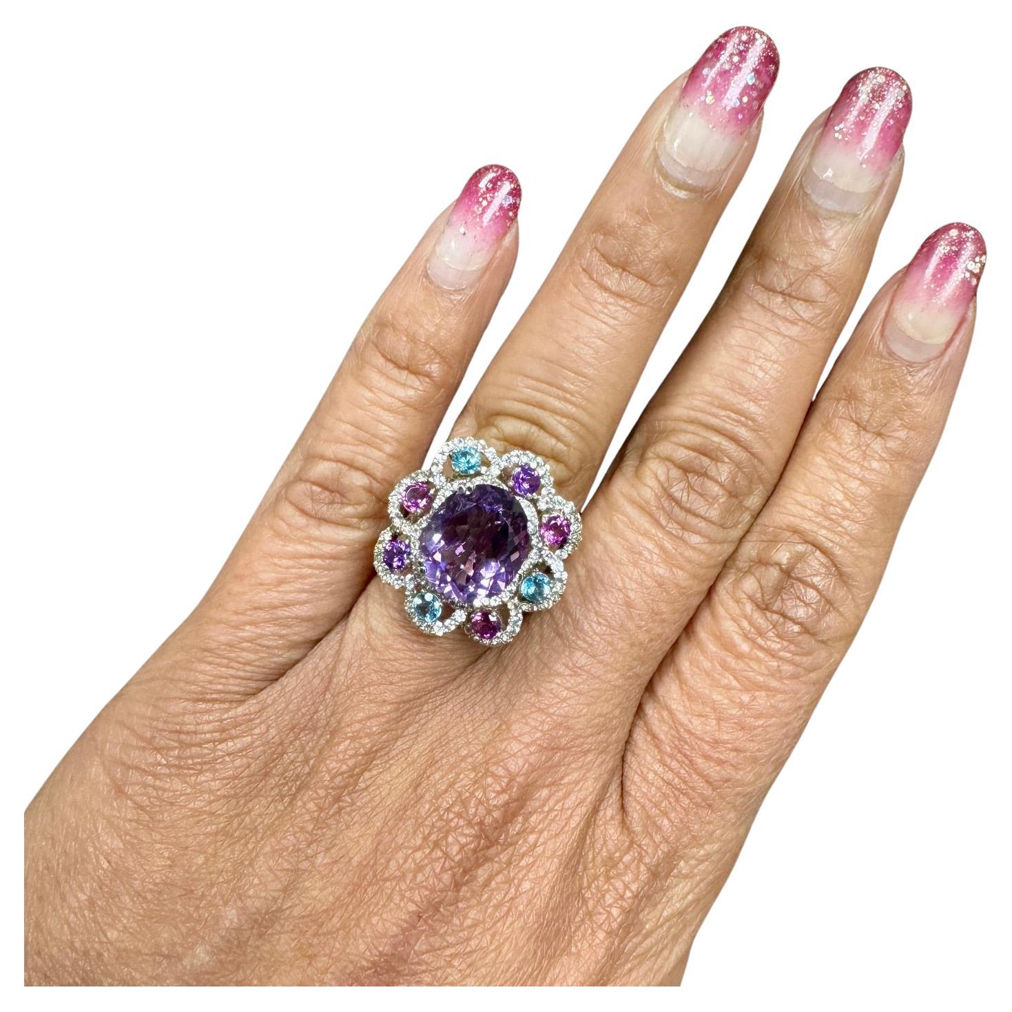 5.87 Carat Amethyst Sapphire and Topaz White Gold Cocktail Ring For Sale