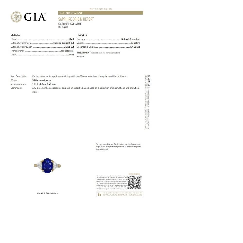 5.87 Carat Blue Sapphire Diamond 18k Yellow Gold 3-Stone Ring, GIA Certified For Sale 12