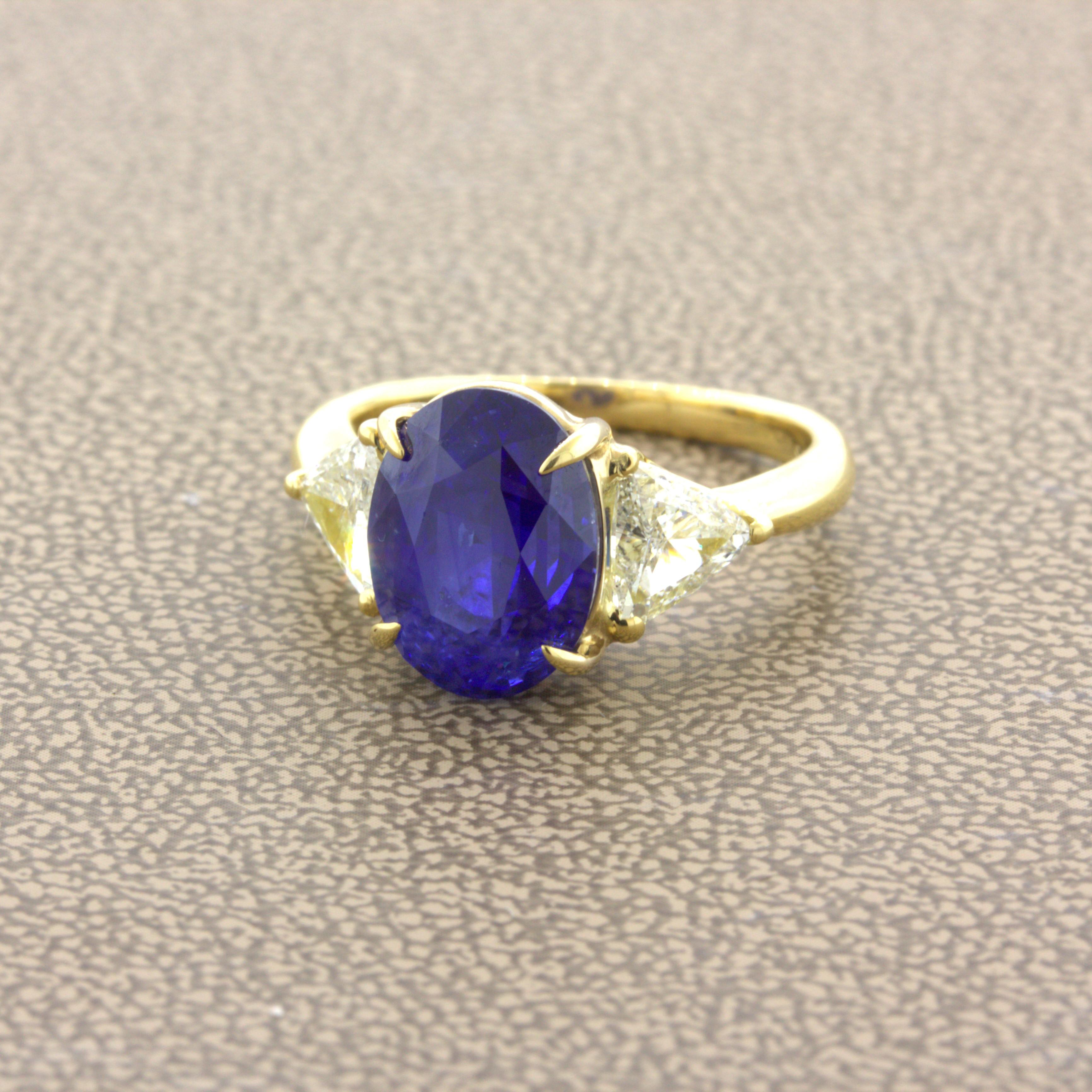 Oval Cut 5.87 Carat Blue Sapphire Diamond 18k Yellow Gold 3-Stone Ring, GIA Certified For Sale