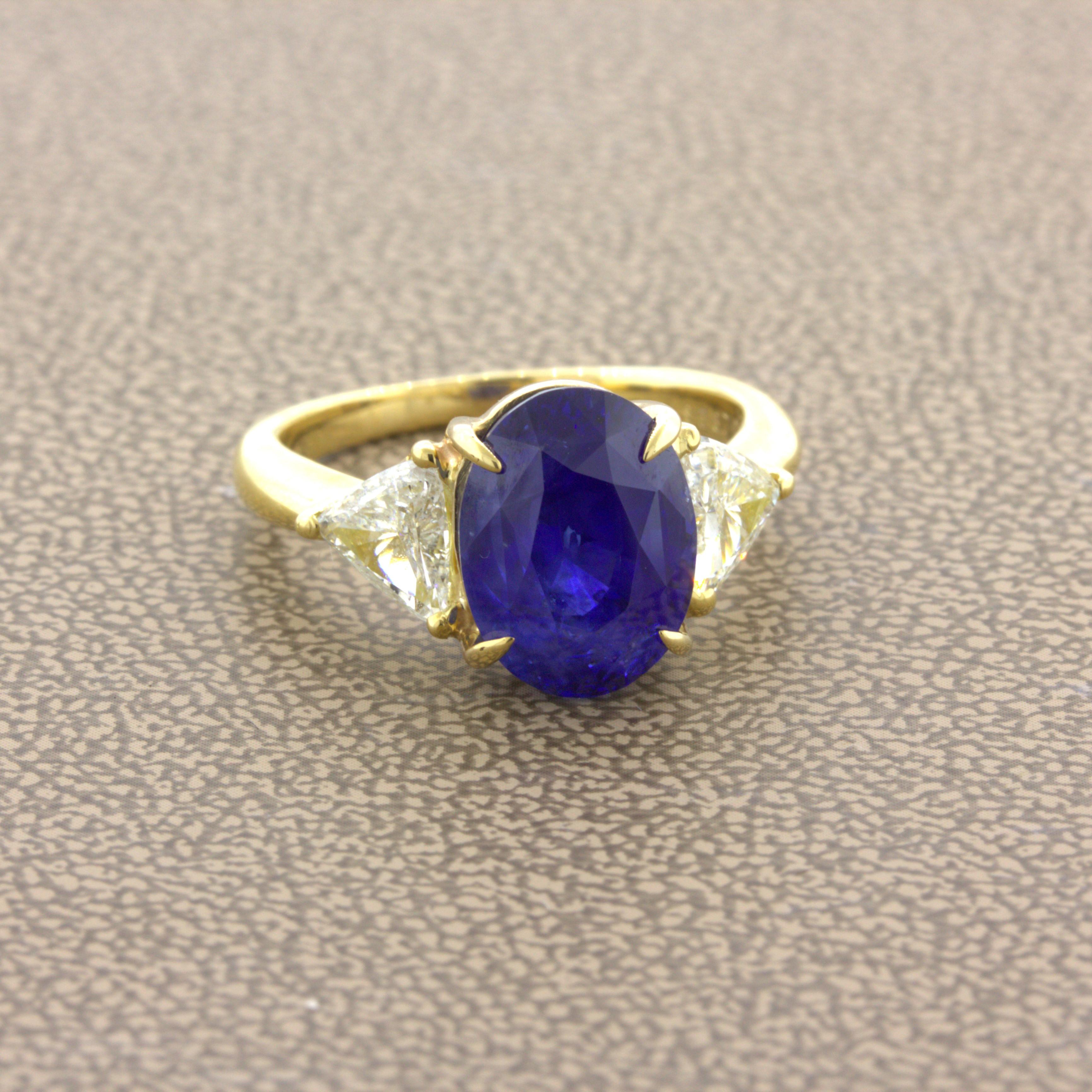5.87 Carat Blue Sapphire Diamond 18k Yellow Gold 3-Stone Ring, GIA Certified In New Condition For Sale In Beverly Hills, CA