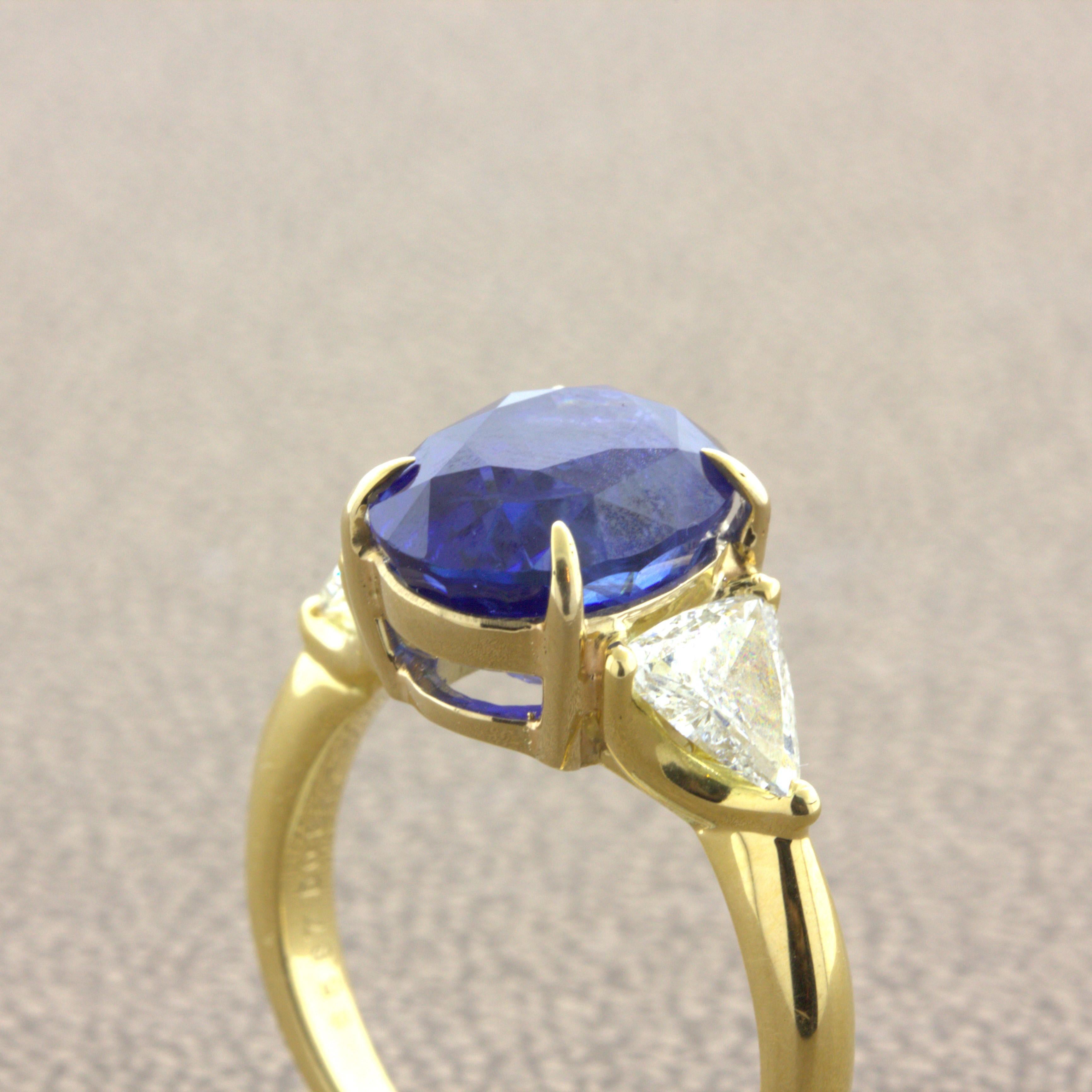 5.87 Carat Blue Sapphire Diamond 18k Yellow Gold 3-Stone Ring, GIA Certified For Sale 2