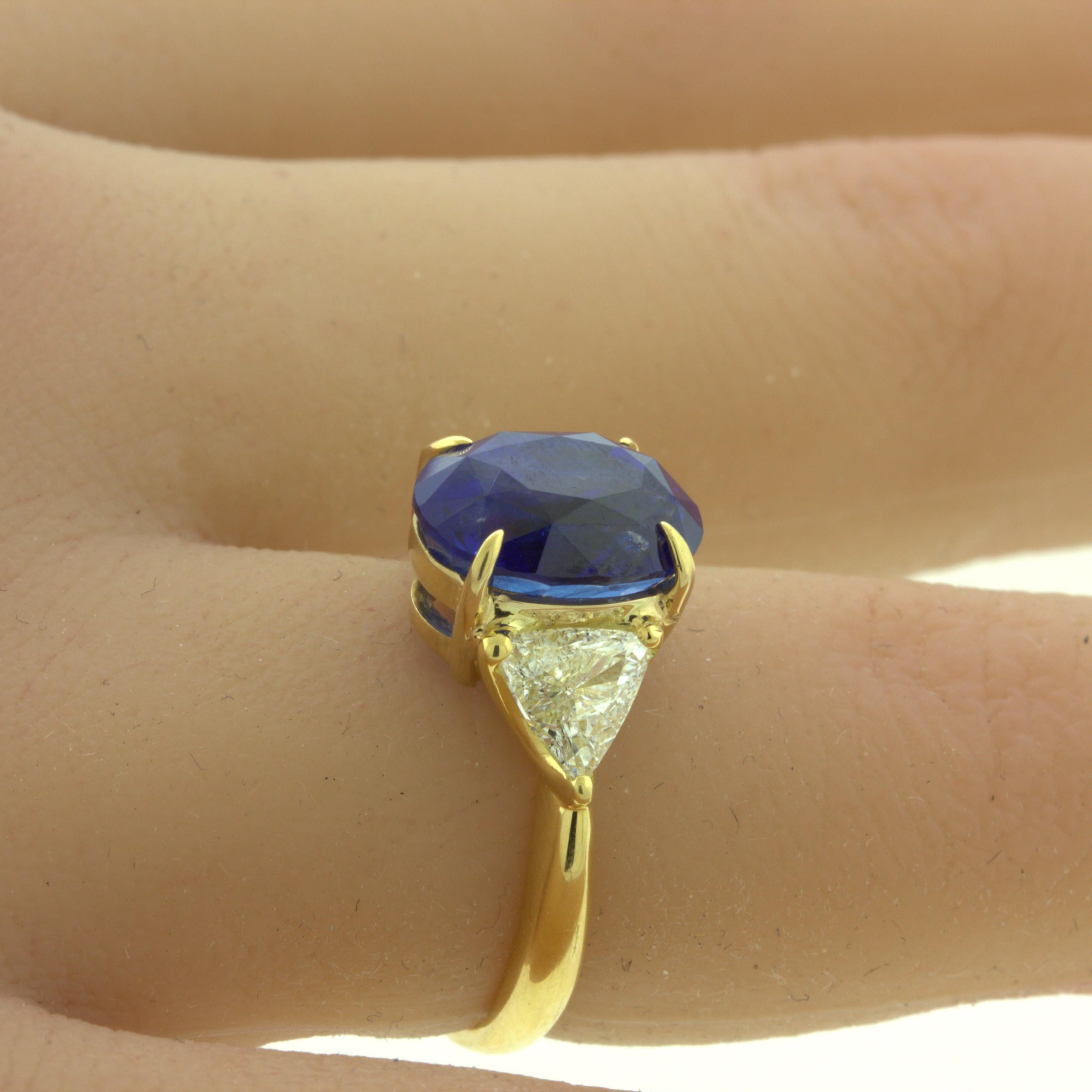 5.87 Carat Blue Sapphire Diamond 18k Yellow Gold 3-Stone Ring, GIA Certified For Sale 4