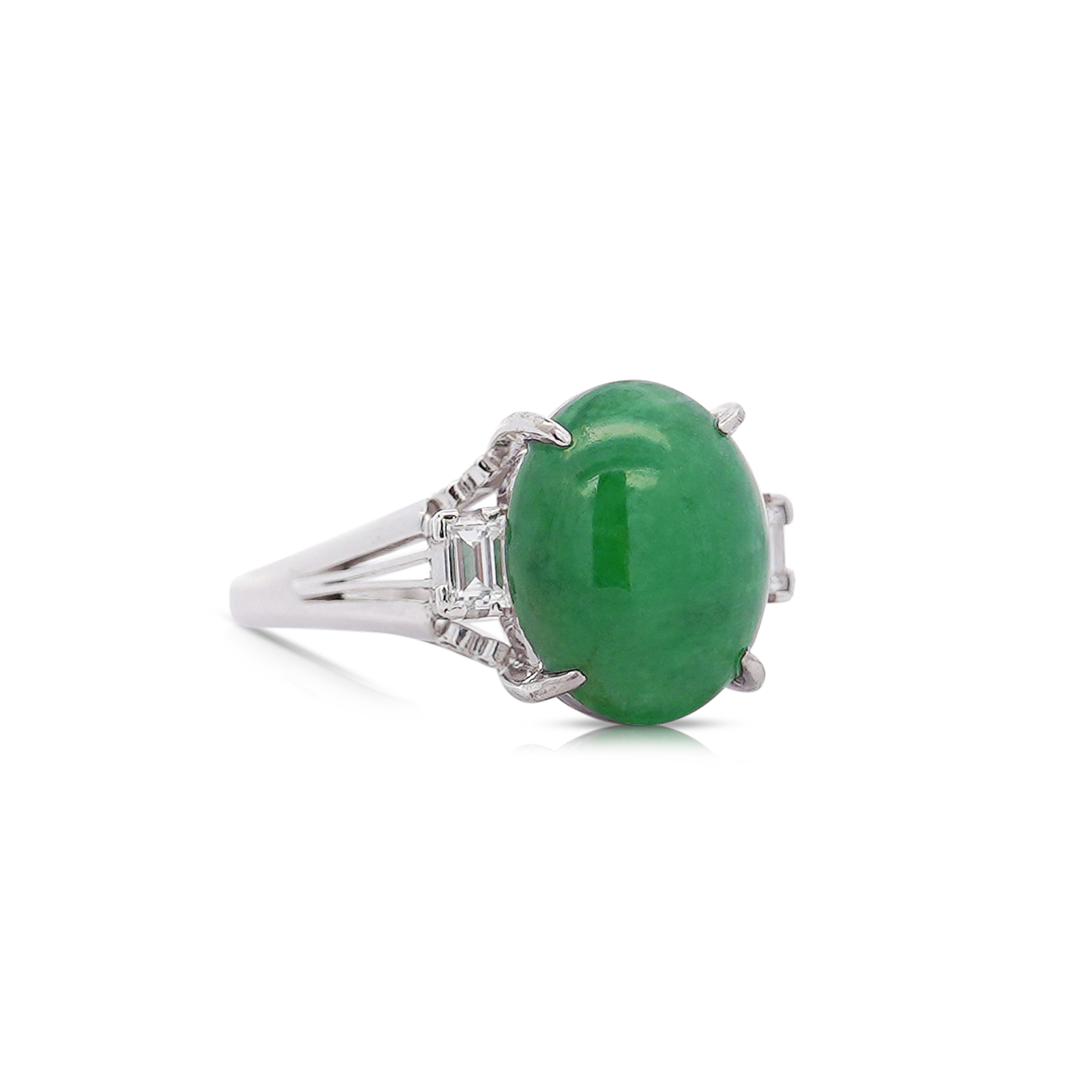 Untreated Grade A 5.87 Carat Cabochon Cut Green Jadeite Jade and Baguette Cut Diamond Three Stone Ring in Platinum Ring. The Jade is certified Hong Kong Jade & Stone Lab as a Fei Cui type A Jade. 

Details:
Item Type: Ring
Metal: Platinum 900
Size: