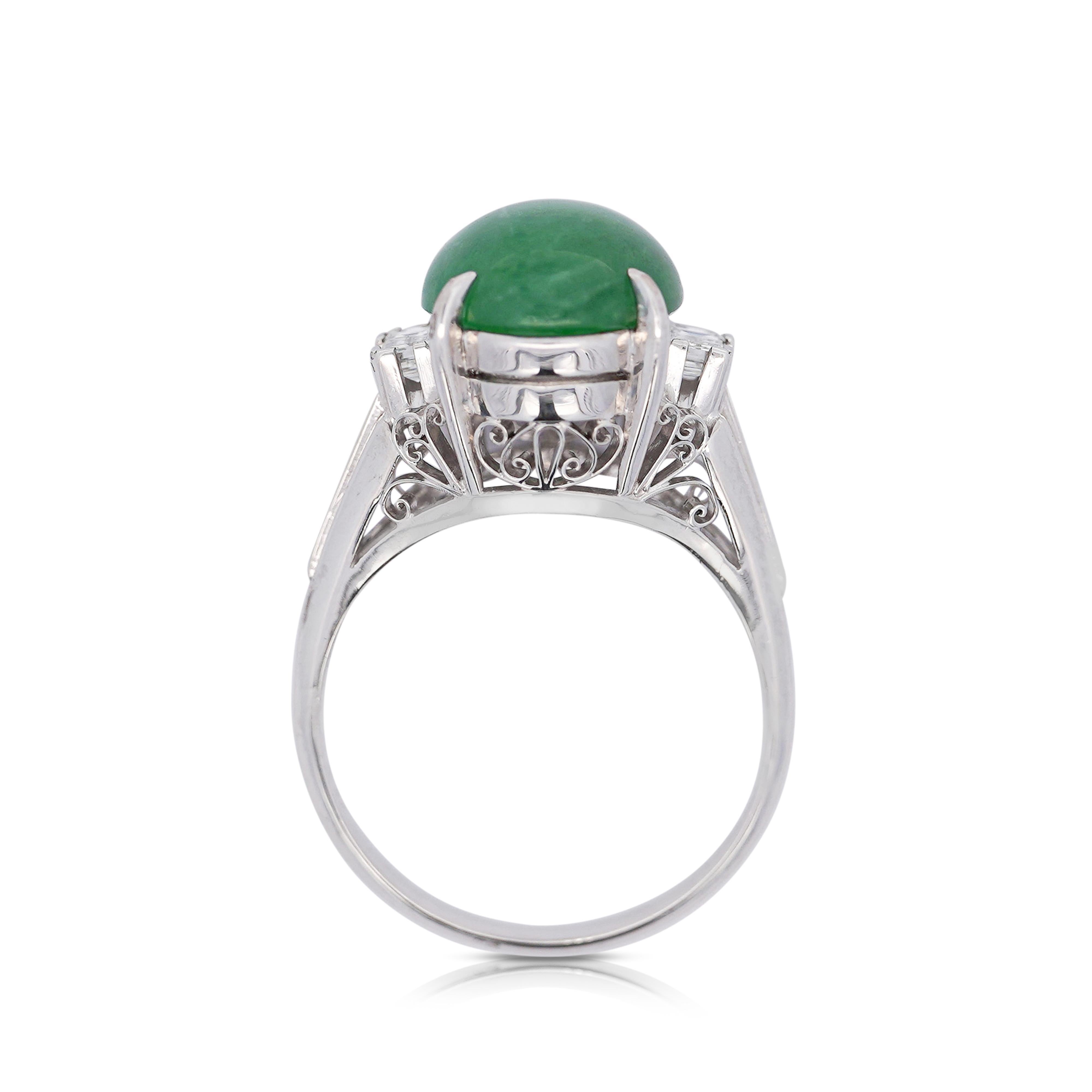 Oval Cut 5.87 Carat Grade A Jadeite Jade and Diamond Platinum 3 Stone Ring For Sale
