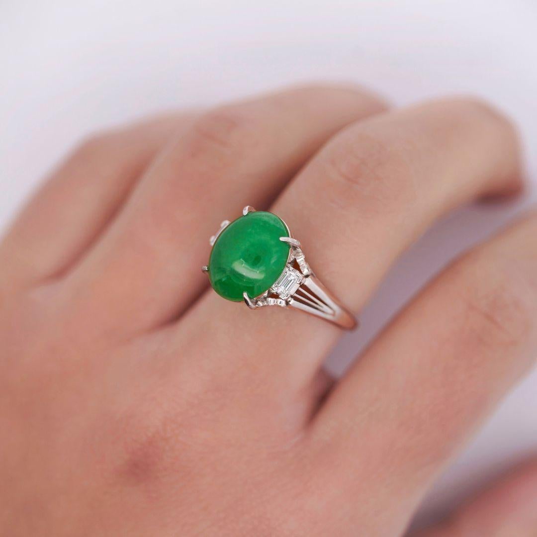 Women's or Men's 5.87 Carat Grade A Jadeite Jade and Diamond Platinum 3 Stone Ring For Sale