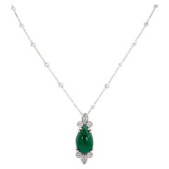 5.87 Carat Pear-Shaped Emerald Cabochon with Diamond Motif Necklace in Platinum