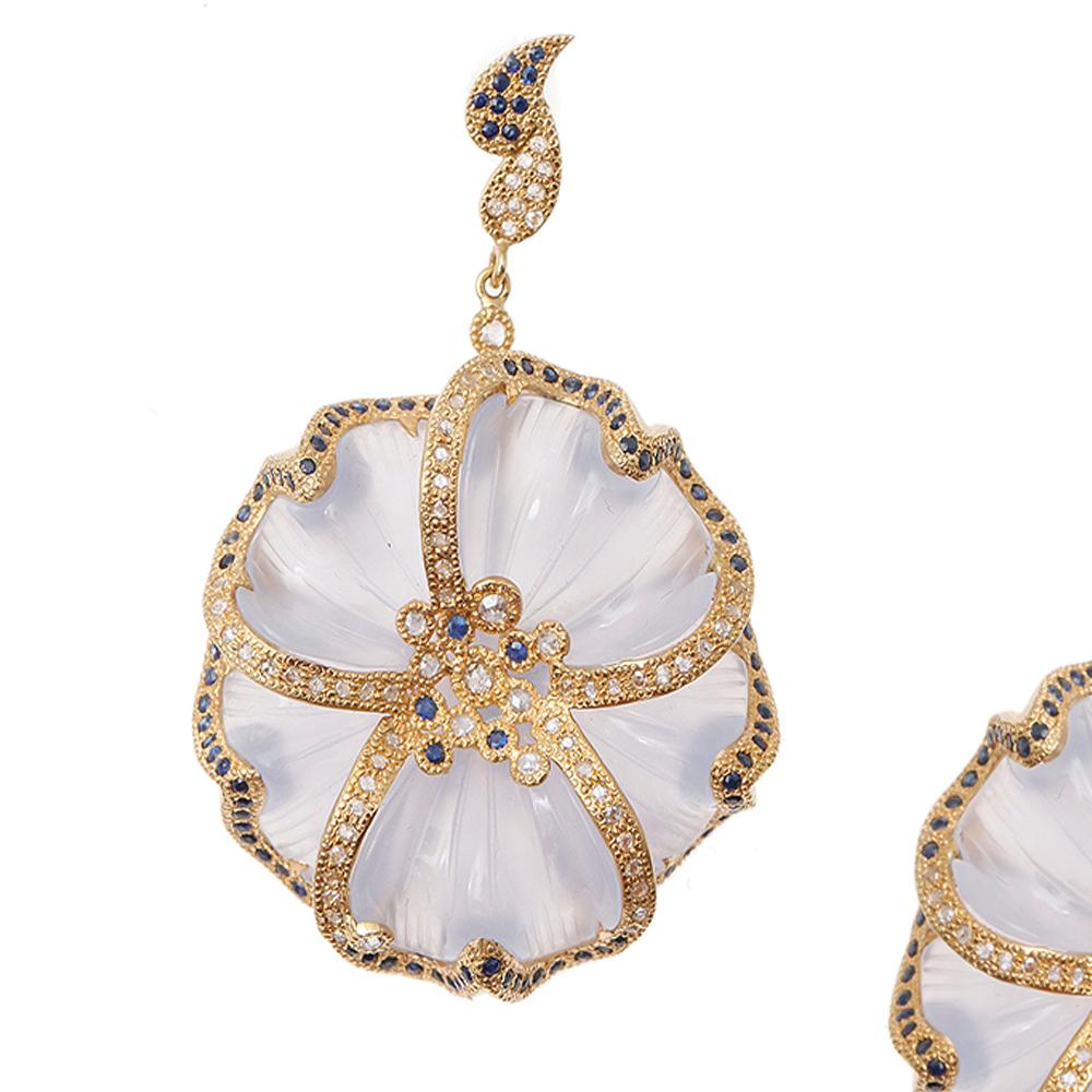 Contemporary 58.72 Carat Carved Chalcedony Flower Earrings with Diamonds For Sale