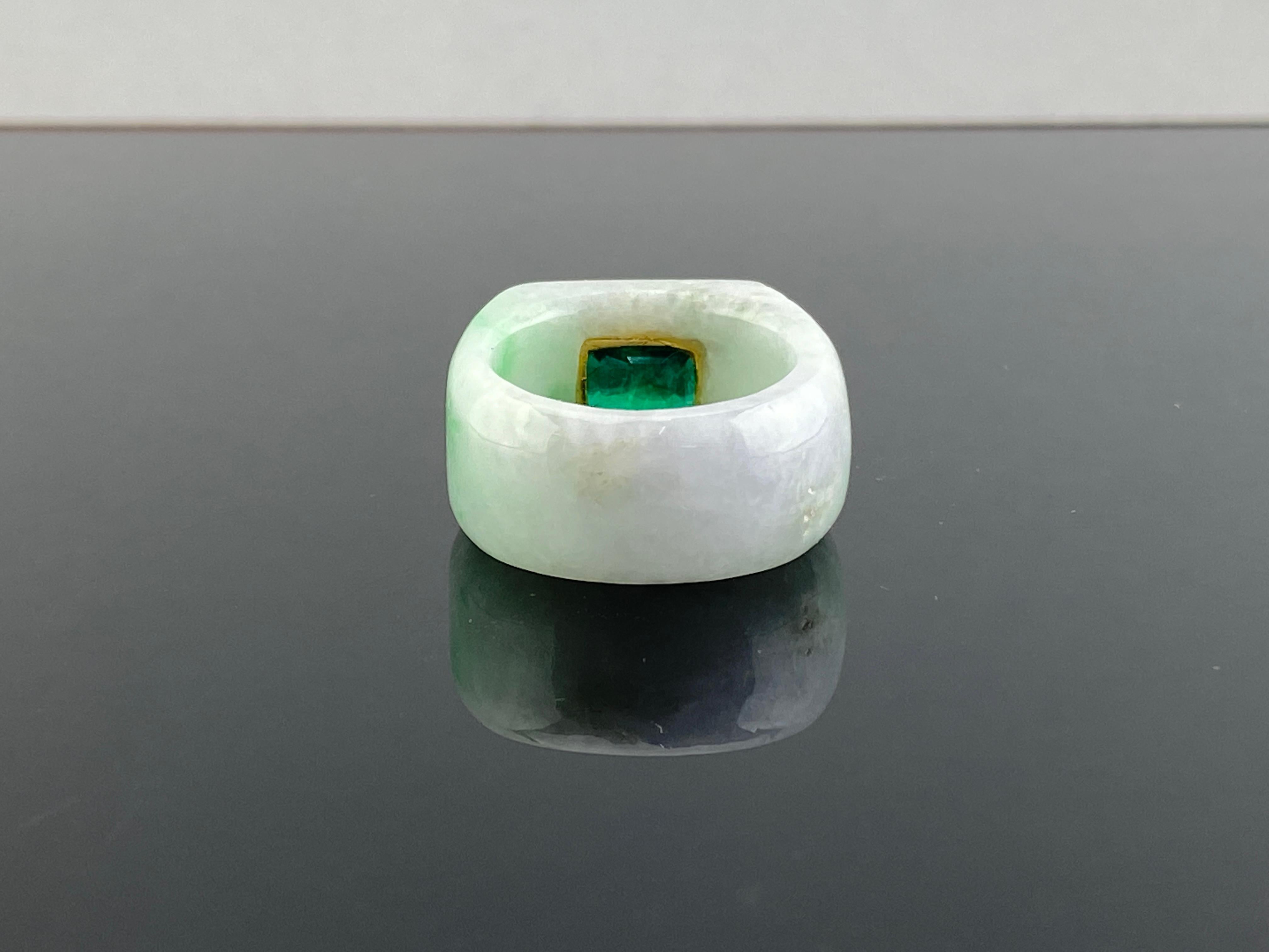 Emerald Cut 58.77 Carat Jade and Emerald Cocktail Signet Ring