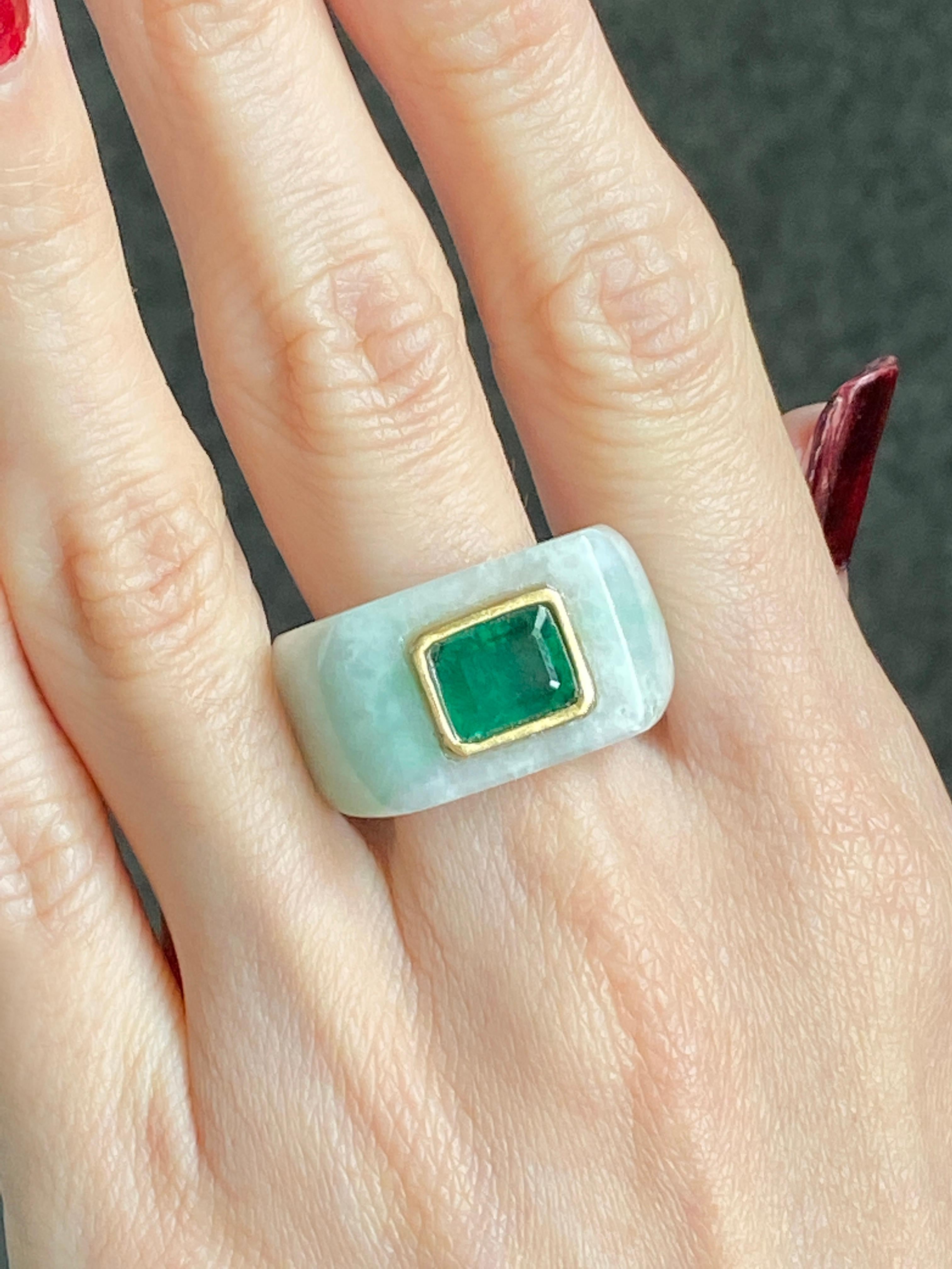 Women's or Men's 58.77 Carat Jade and Emerald Cocktail Signet Ring
