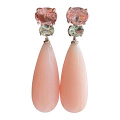 Pendientes de oro de 18 quilates con ópalo rosa en forma de gota de 58,78 quilates, aguamarina y turmalina