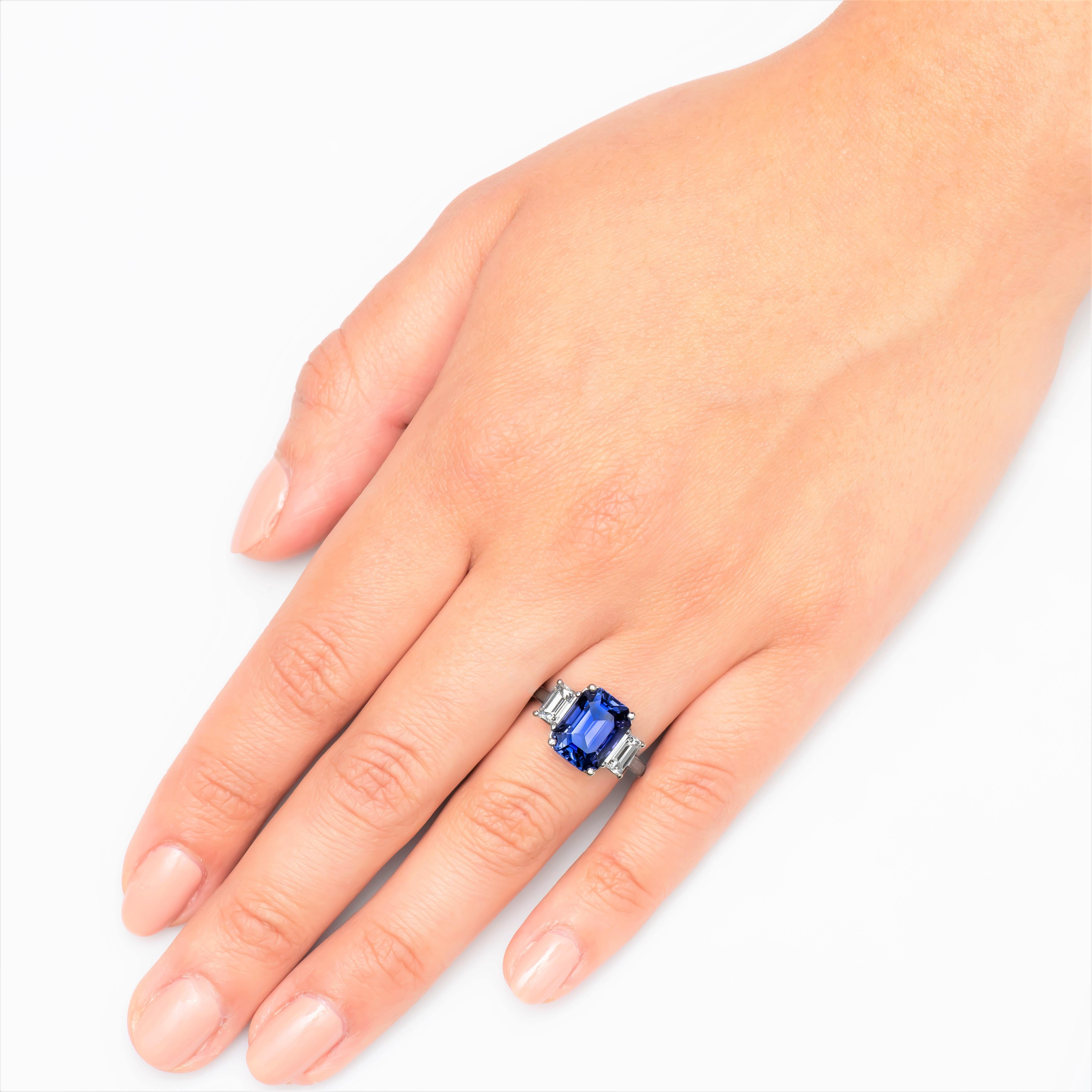 Emerald Cut 5.87ct Natural Color-change Ceylon Sapphire, No-heat Blue to Purple 3-Stone Ring