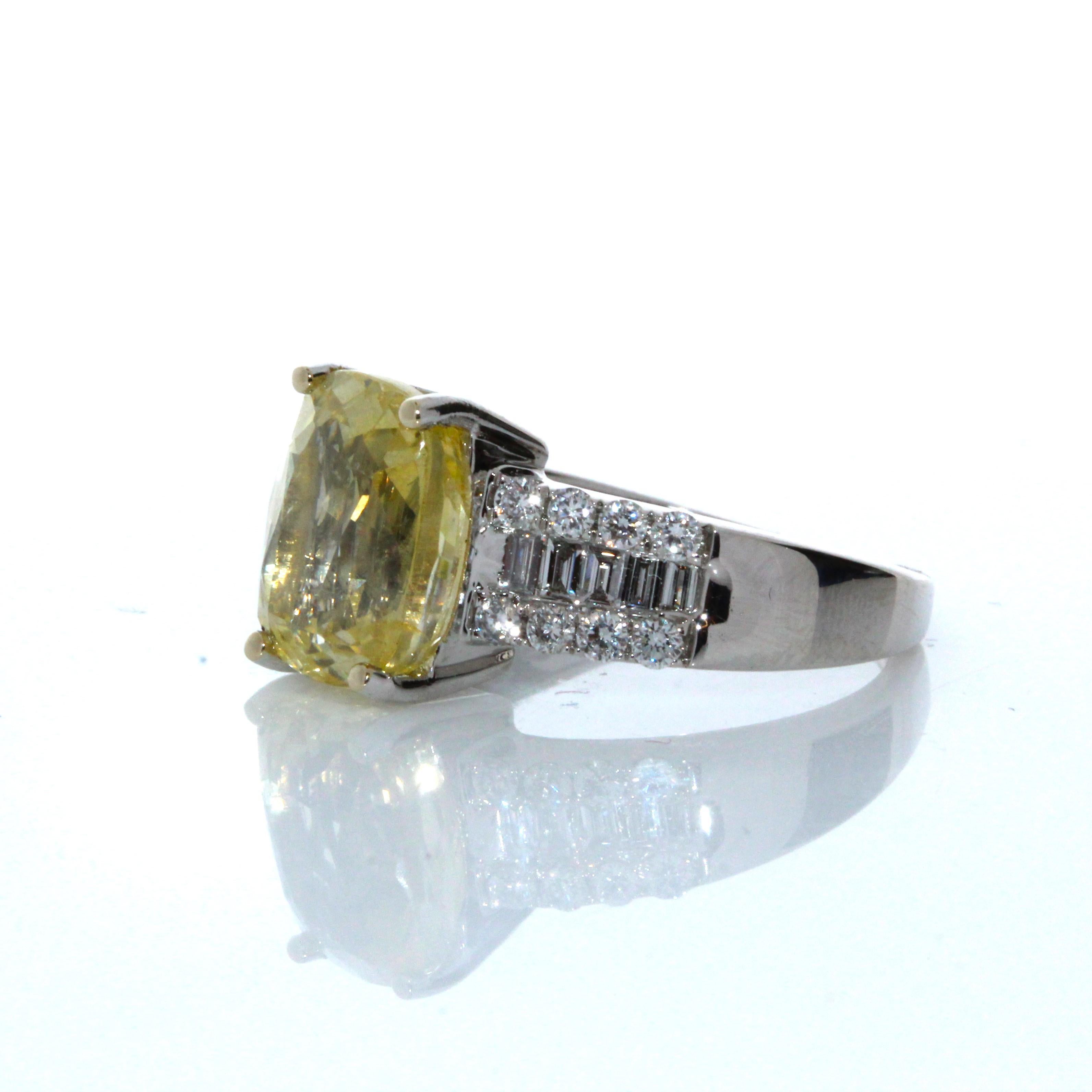 Contemporary 5.87CT Yellow Sapphire and .61CTW Diamond Ring in 18K White Gold For Sale