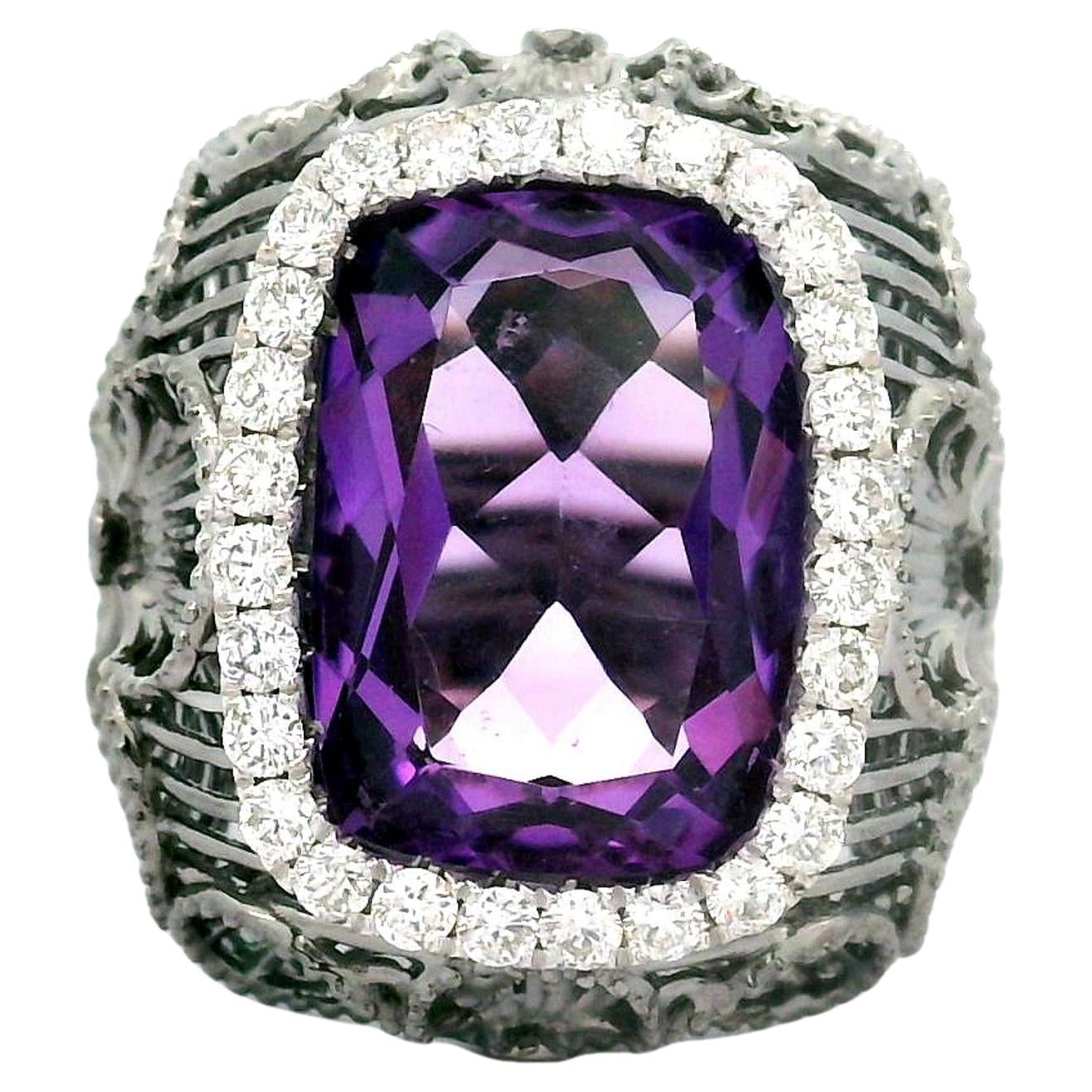 Anillo Halo Amatista Aguamarina Diamante Oro Rodio 18k 5,88 Quilates