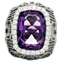 Anillo Halo Amatista Aguamarina Diamante Oro Rodio 18k 5,88 Quilates