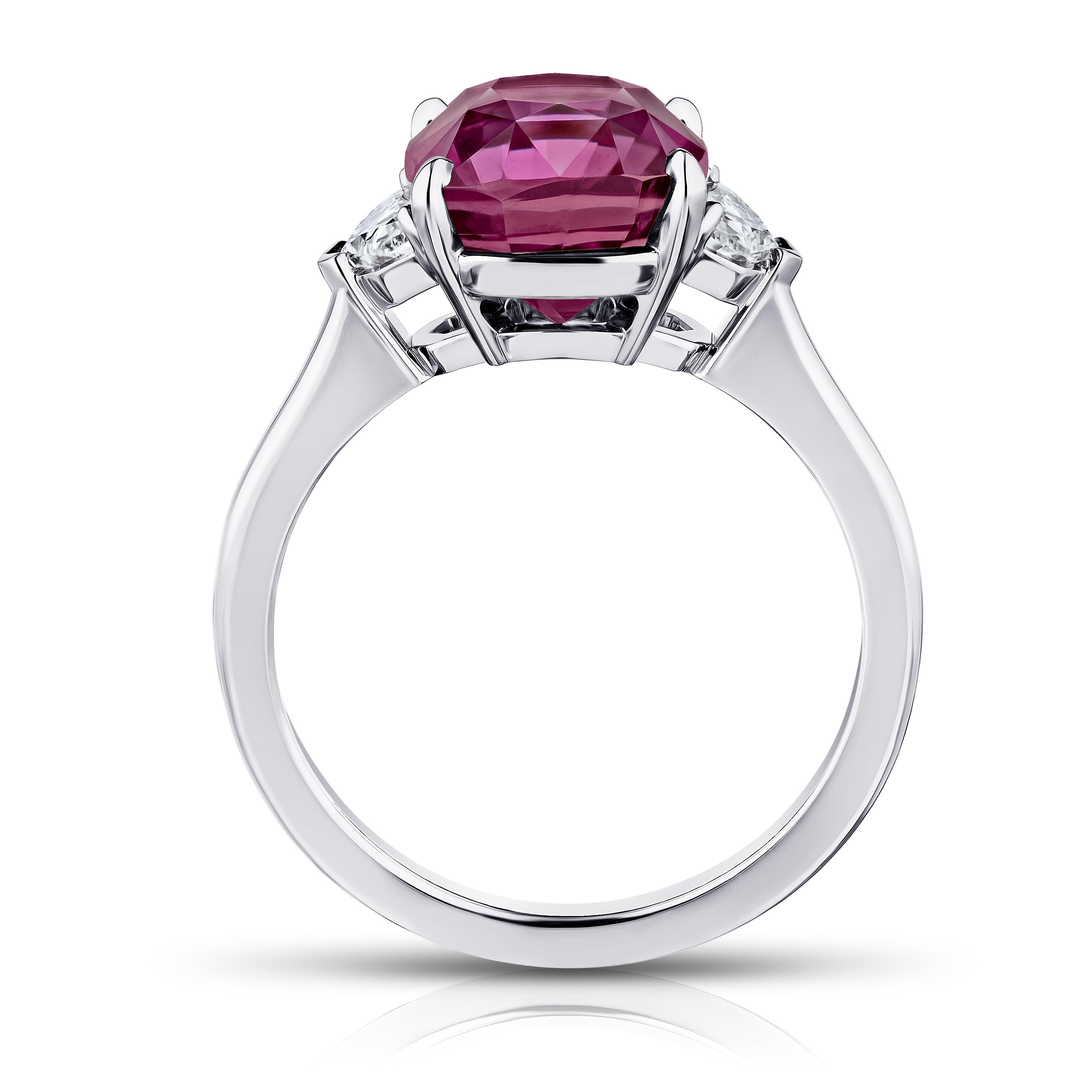 Contemporary 5.88 Carat Cushion Pinkish Red Sapphire and Diamond Ring For Sale