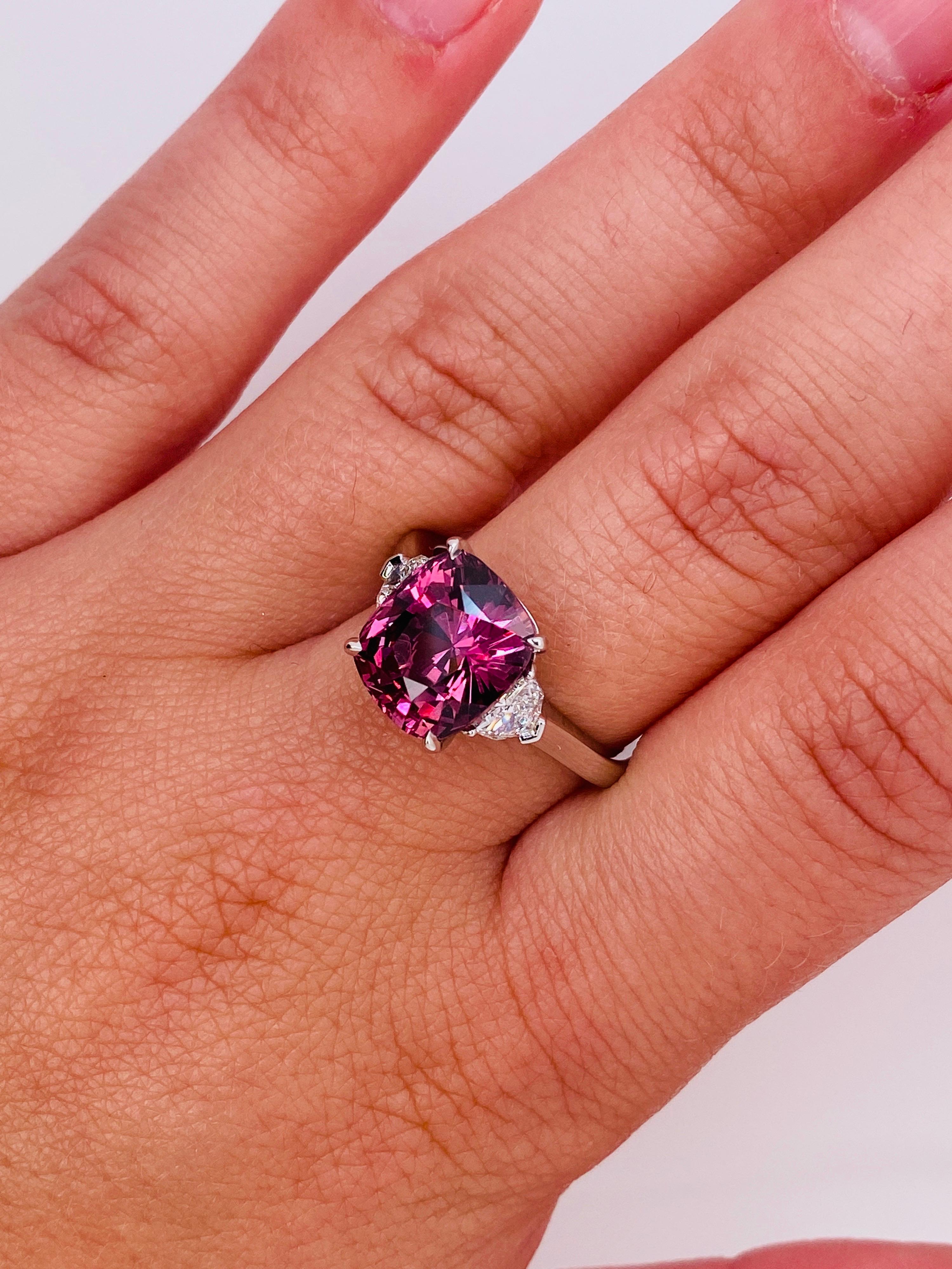 Cushion Cut 5.88 Carat Cushion Pinkish Red Sapphire and Diamond Ring For Sale