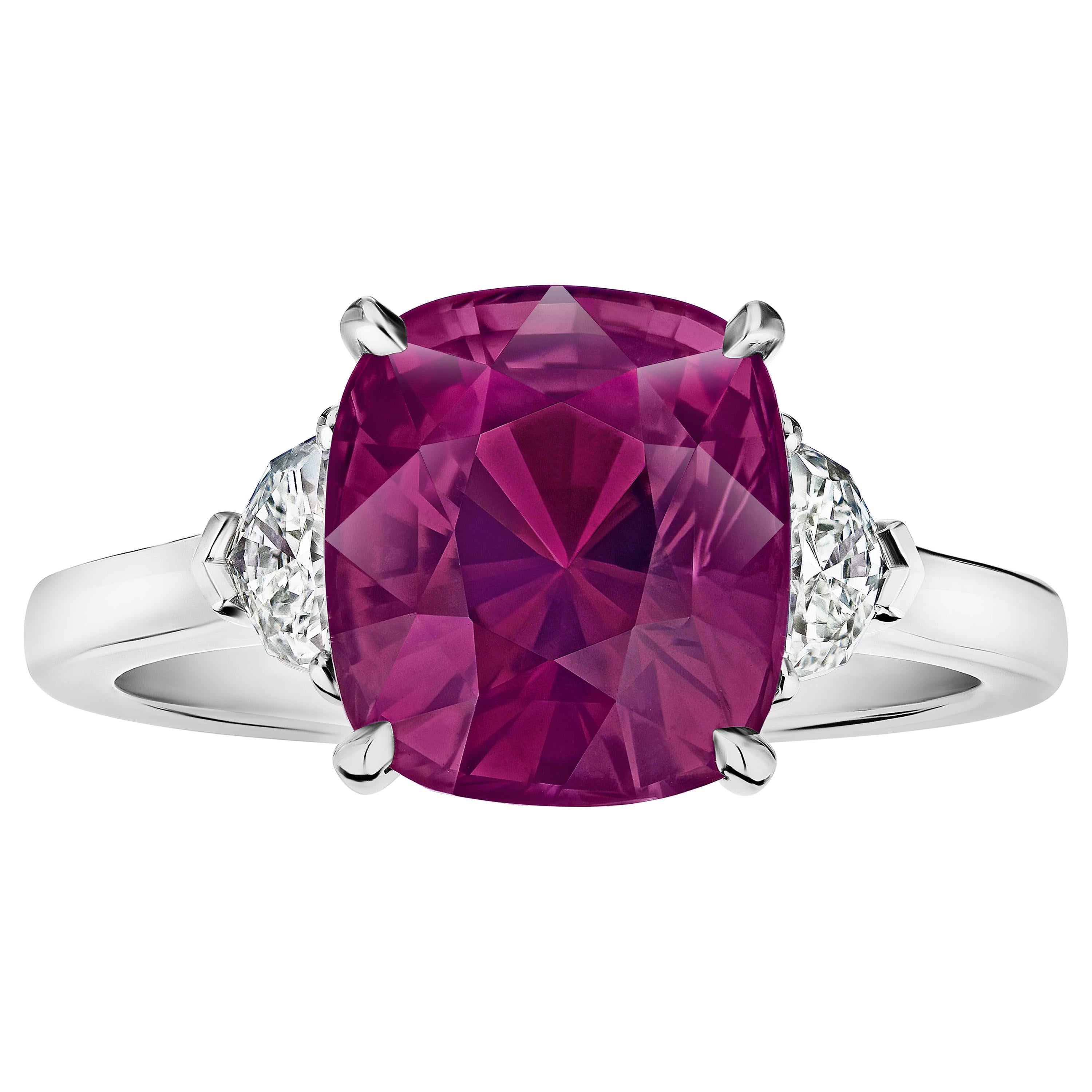 5.88 Carat Cushion Pinkish Red Sapphire and Diamond Ring For Sale