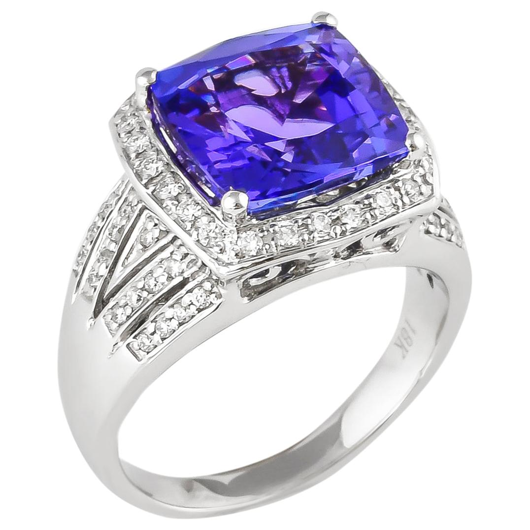 5.88 Carat Cushion Shaped Tanzanite Ring in 18 Karat White Gold with Diamonds