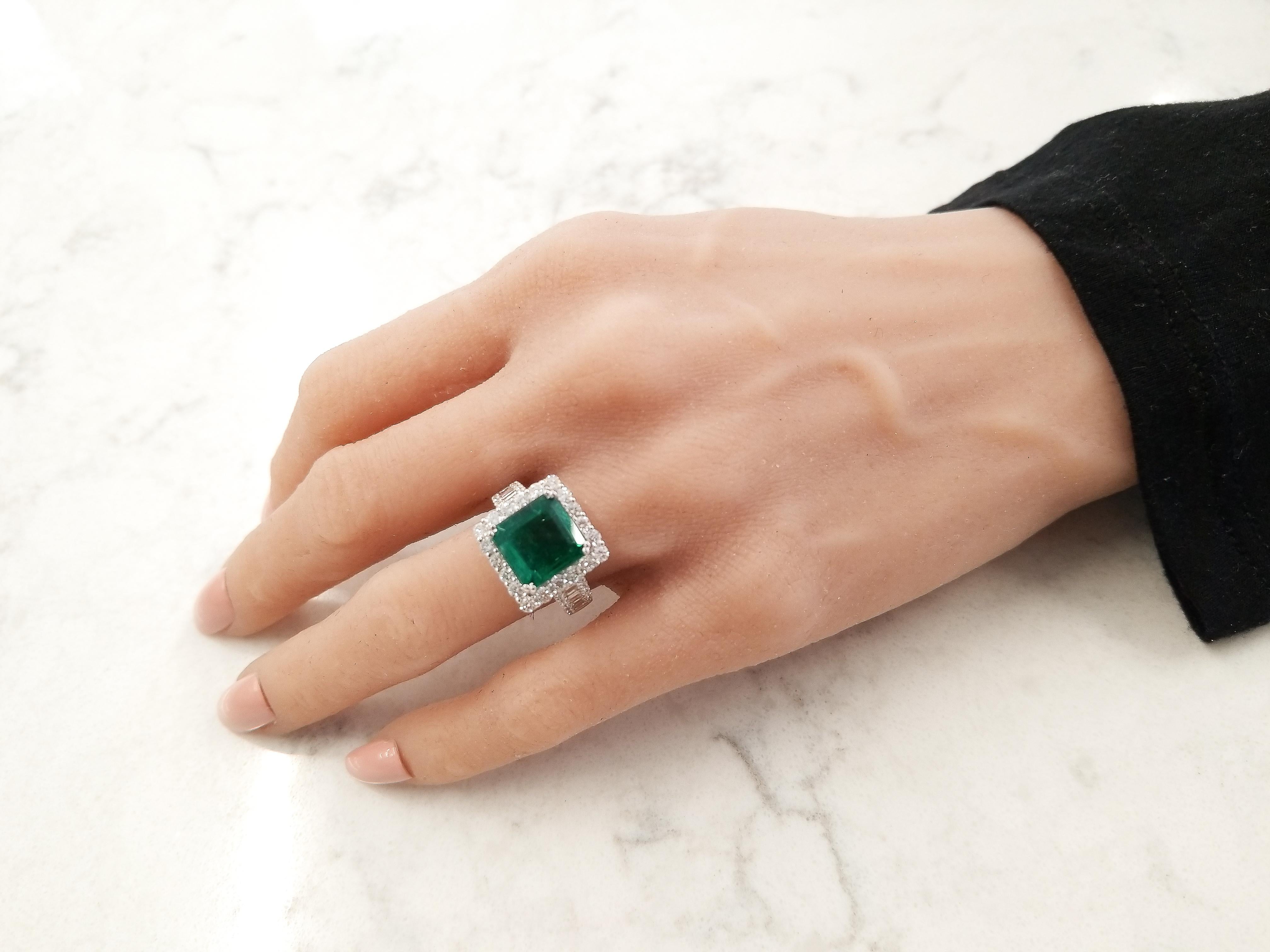 Women's AGL Certified 5.88 Carat Emerald Cut Emerald & Diamond Ring in 18K White Gold