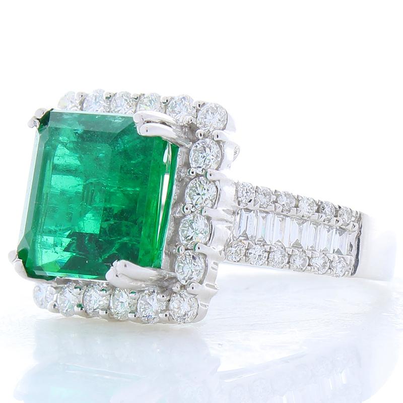 Contemporary AGL Certified 5.88 Carat Emerald Cut Emerald & Diamond Ring in 18K White Gold