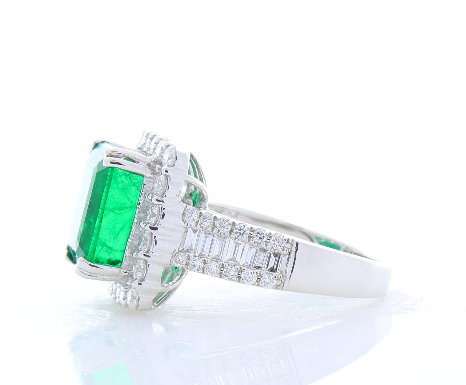 AGL Certified 5.88 Carat Emerald Cut Emerald & Diamond Ring in 18K White Gold In New Condition In Chicago, IL