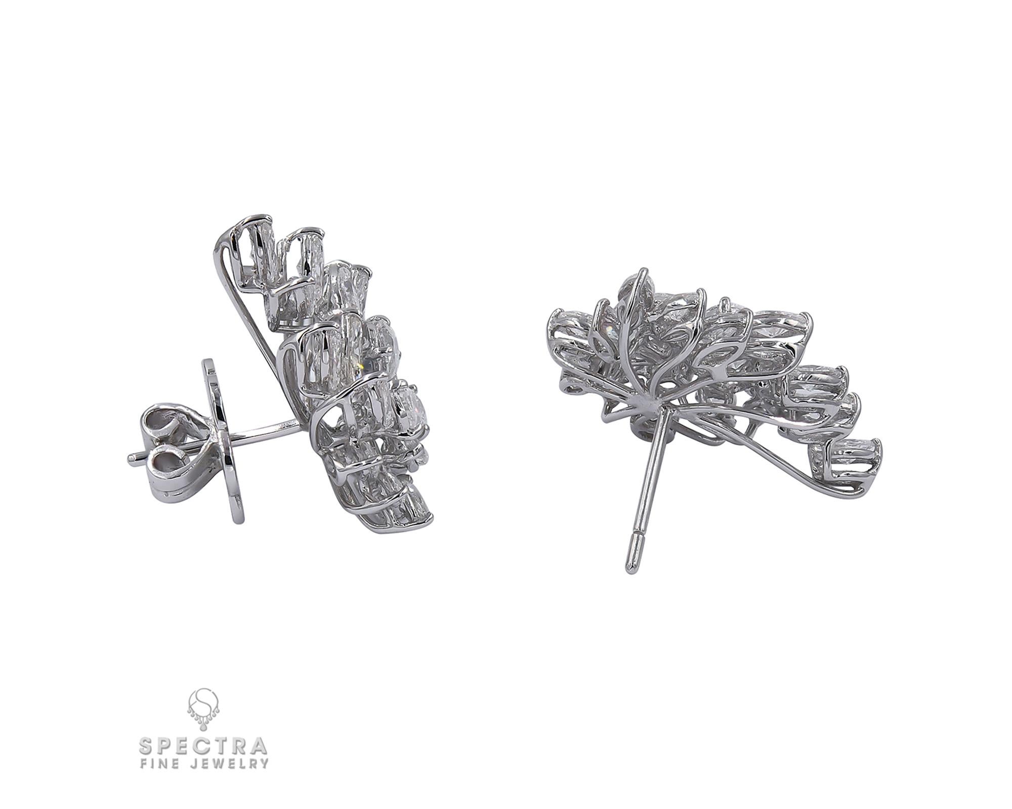 A pair of diamond cluster earrings set in 18K white gold. 
There are 22 diamonds on each earring totaling to 5.88 carats.
The diamonds are in mixed shapes: 32 marquise, 10 pear shape, and 2 round diamonds.
The color of the diamonds ranges from H to