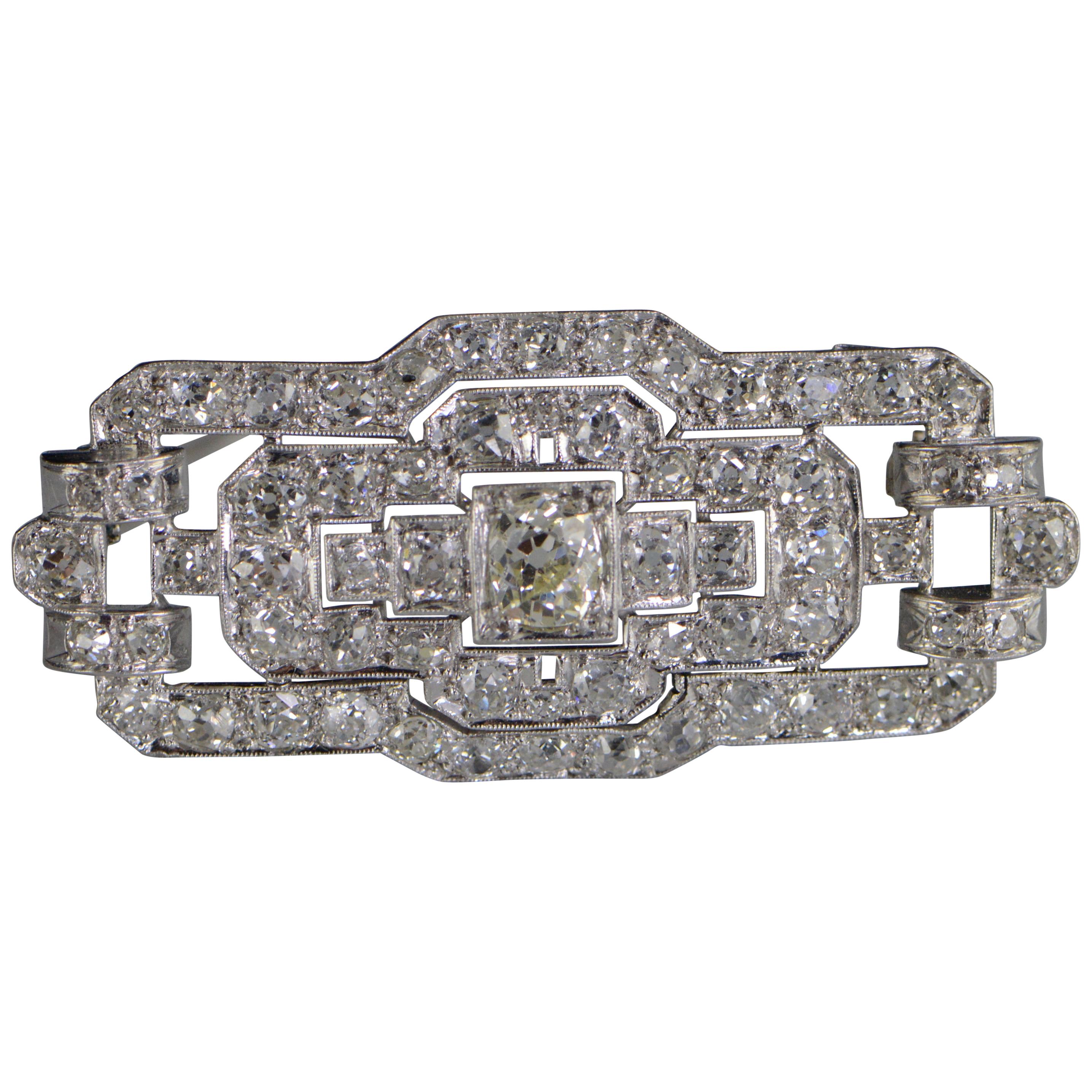 5.88 Carat Old European Diamond Art Deco Platinum Pin/Brooch For Sale