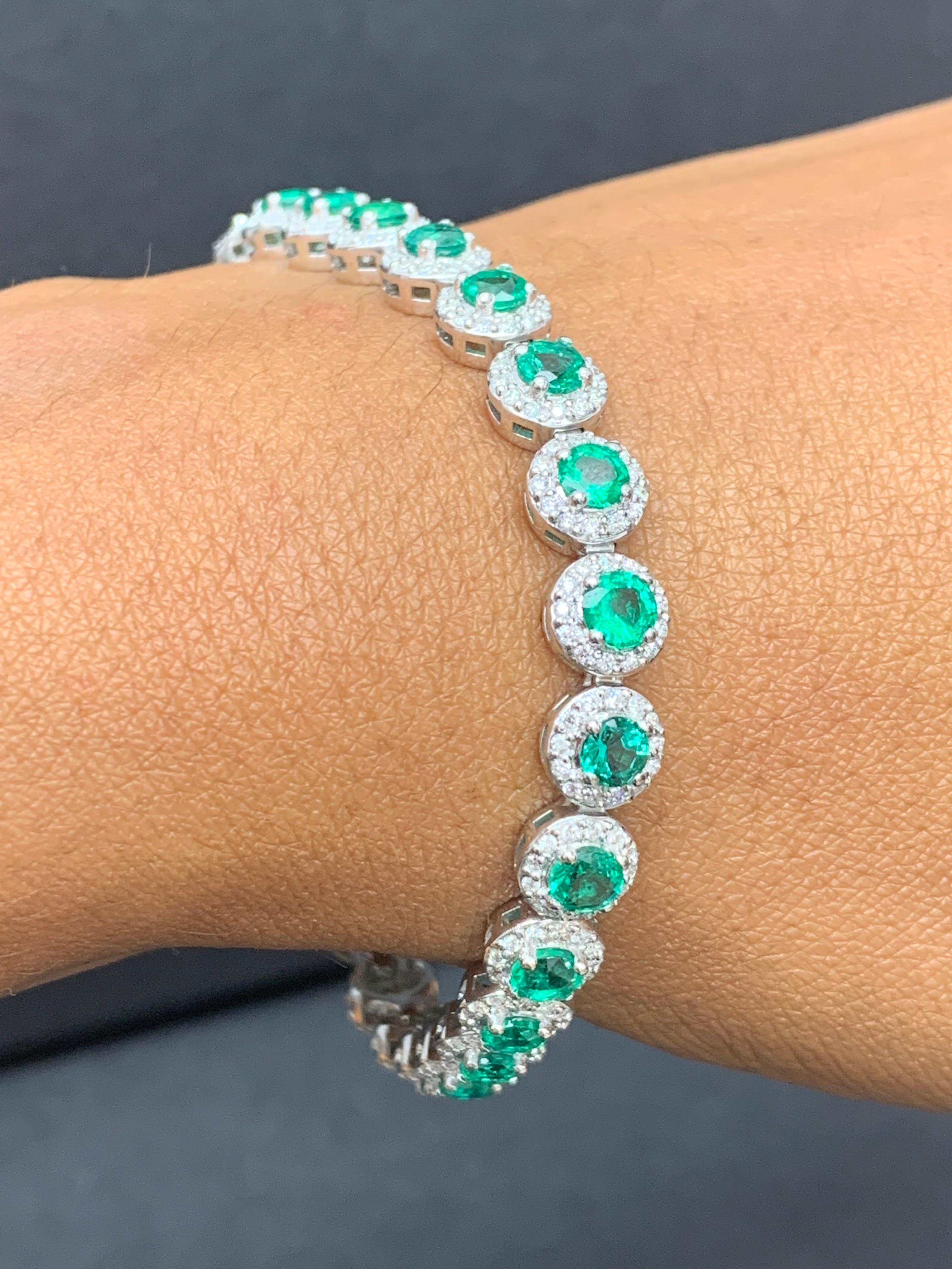 5.88 Carat Round Cut Emerald and Diamond Tennis Bracelet in 14K White Gold For Sale 2