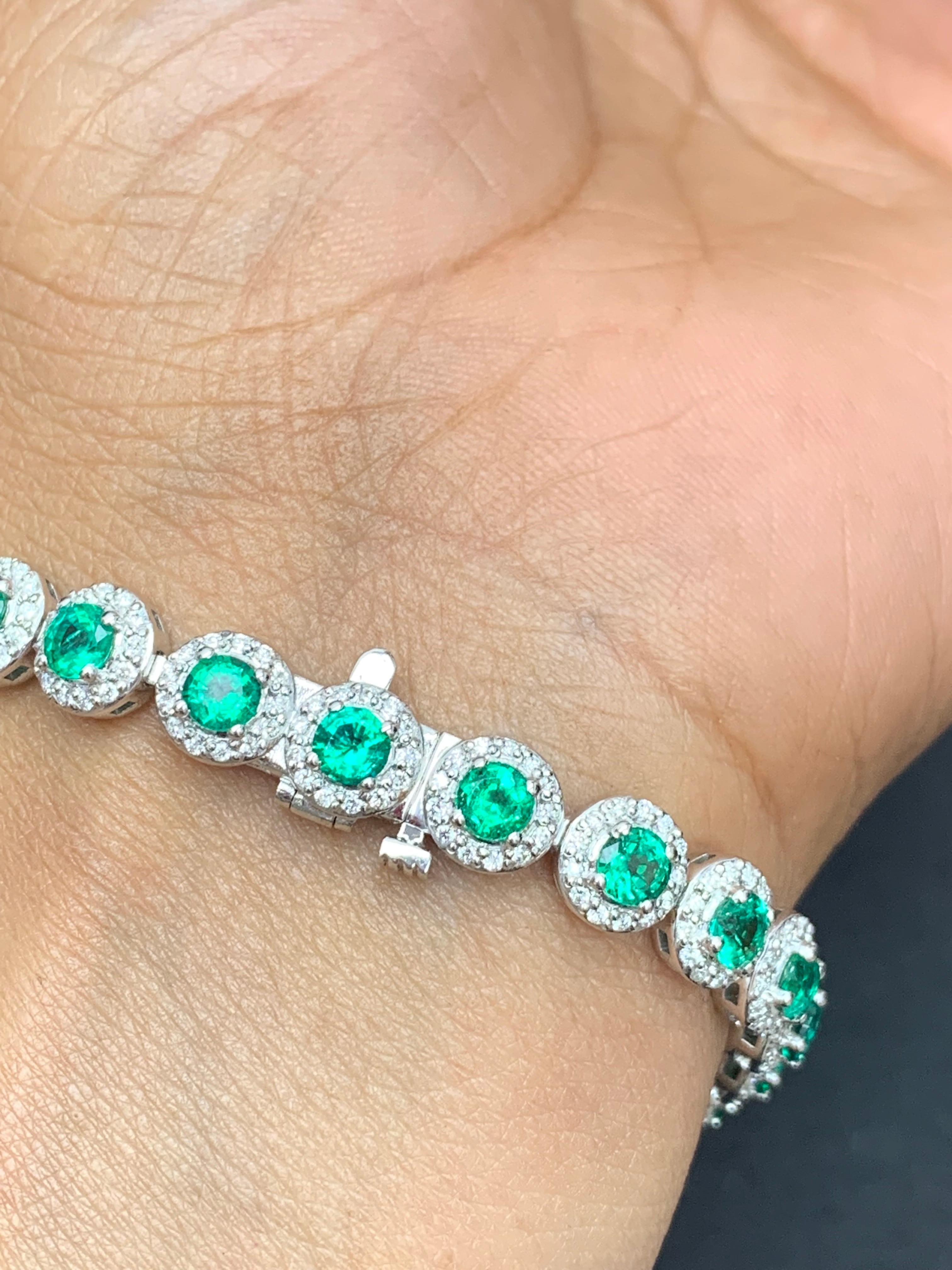 5.88 Carat Round Cut Emerald and Diamond Tennis Bracelet in 14K White Gold For Sale 3