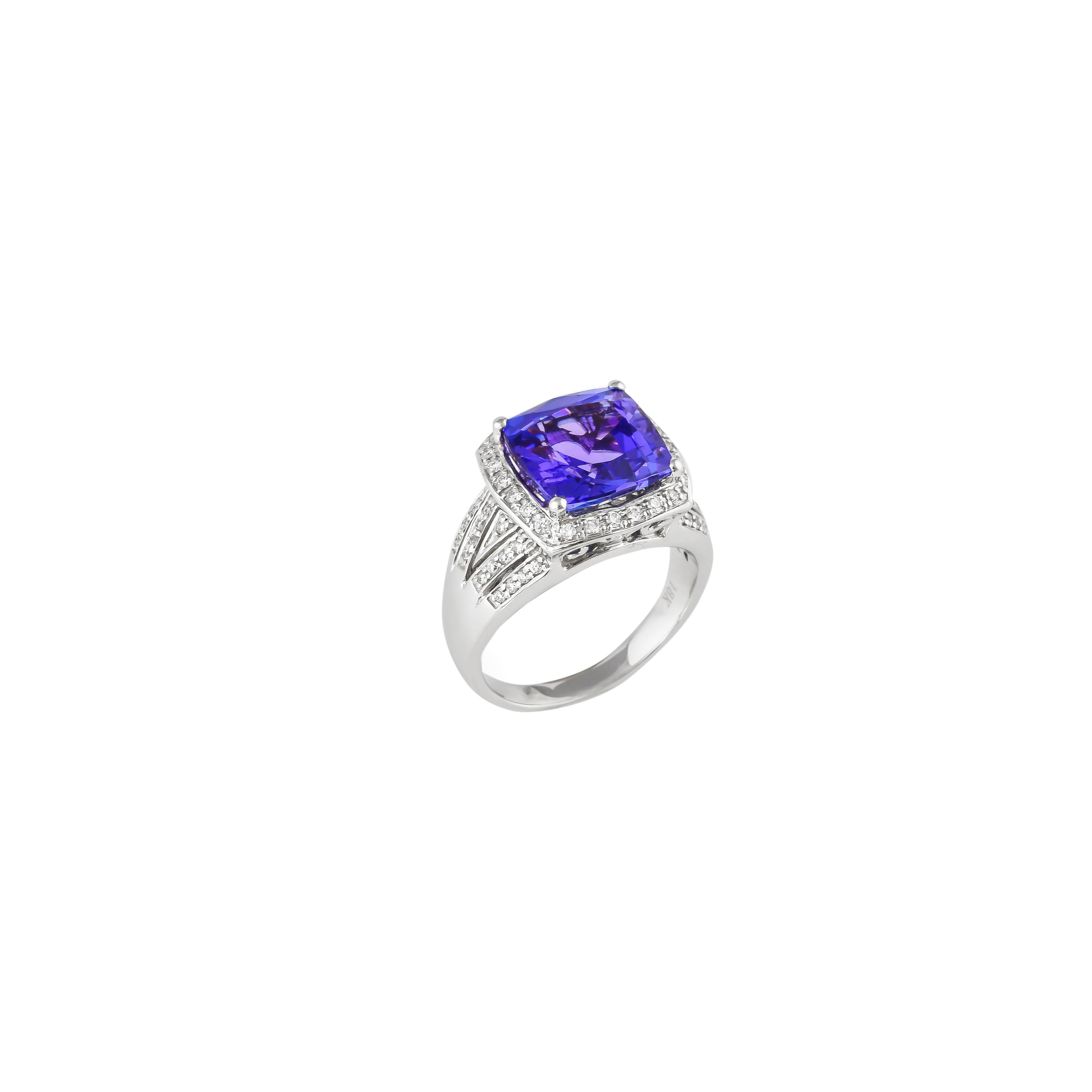 Cushion Cut 5.8 Carat Tanzanite and White Diamond Ring in 18 Karat White Gold For Sale