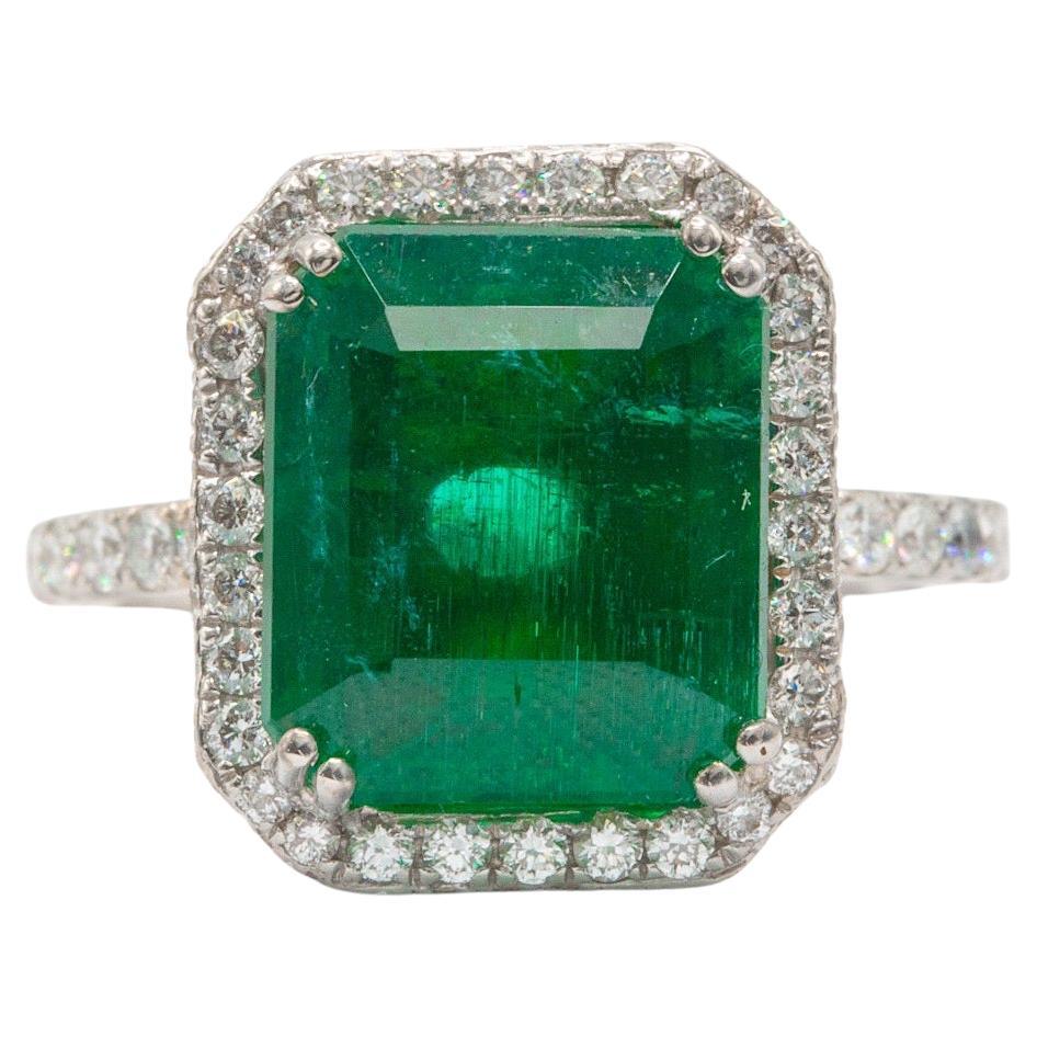 GIA Certified 5.88 Carat Zambian Emerald And Diamond Ring In 18k White Gold