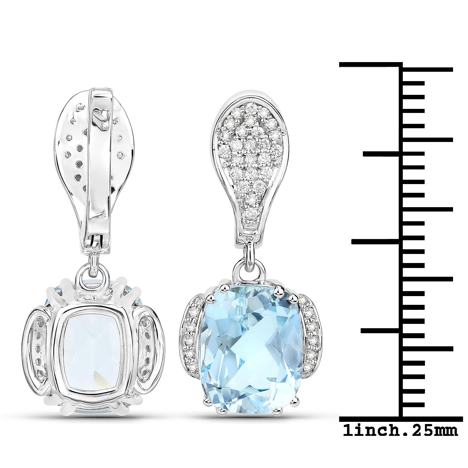 5.88 Carats Cushion Shape Aquamarine and 0.35 Carats White Diamond 14K White Gold Earrings

Center Stone Details: 
Stone: Aquamarine
Shape: Rectangular Cushion Shape (2pcs)
Size: 10mm x 8mm
Weight: 5.88 carats

Diamond Details:
Shape: Round