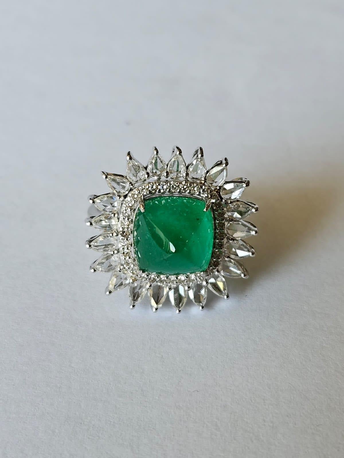 Cocktailring, 5,88 Karat, natürlicher sambischer Smaragd, Zuckerhut- und Diamanten im Rosenschliff für Damen oder Herren im Angebot