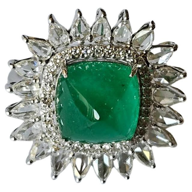 5.88 carats, natural Zambian Emerald Sugarloaf & Rose Cut Diamonds Cocktail Ring