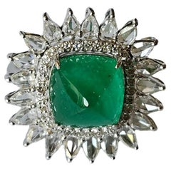 5.88 carats, natural Zambian Emerald Sugarloaf & Rose Cut Diamonds Cocktail Ring