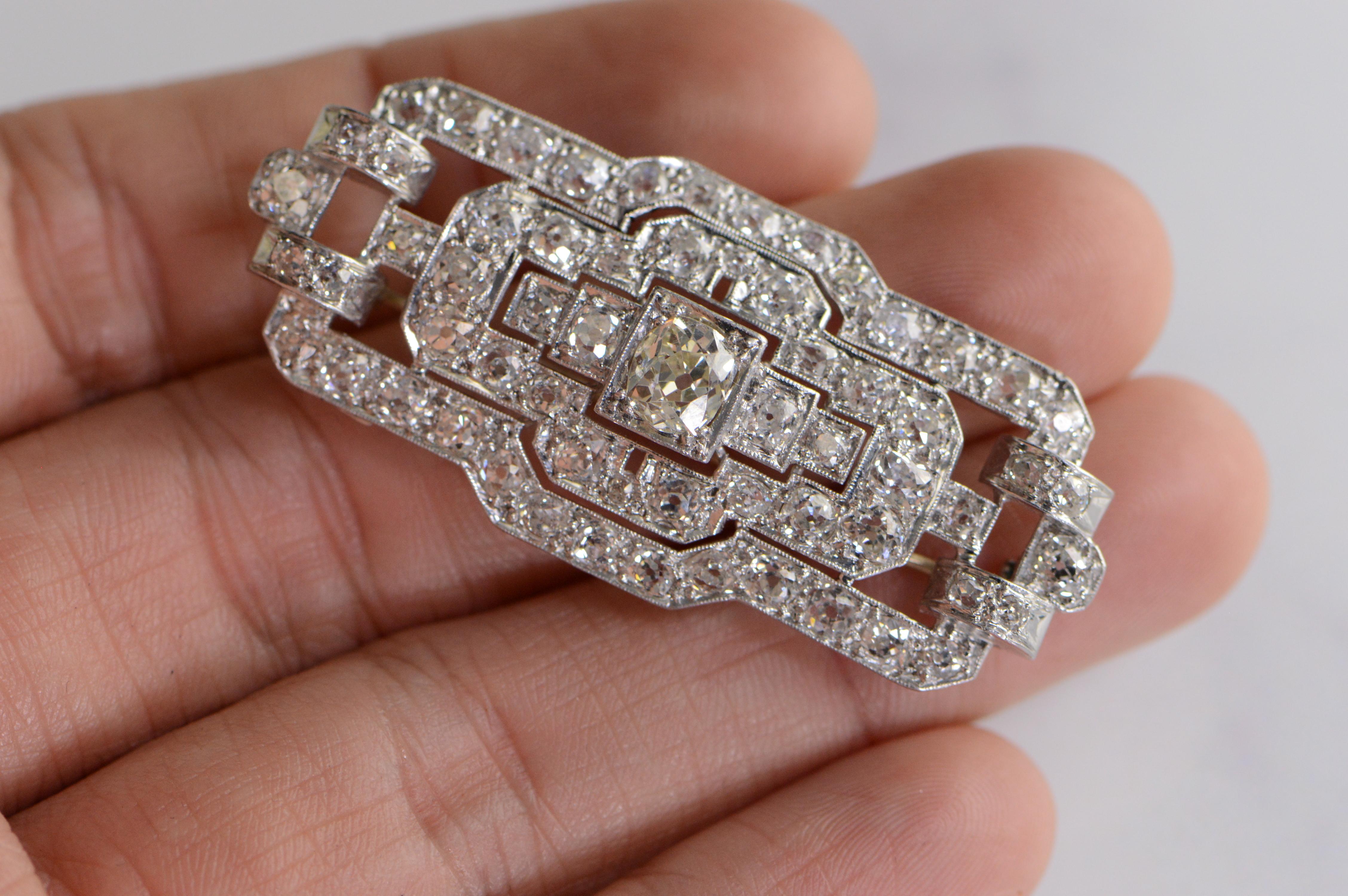 5.88 Carat Old European Diamond Art Deco Platinum Pin/Brooch For Sale 3