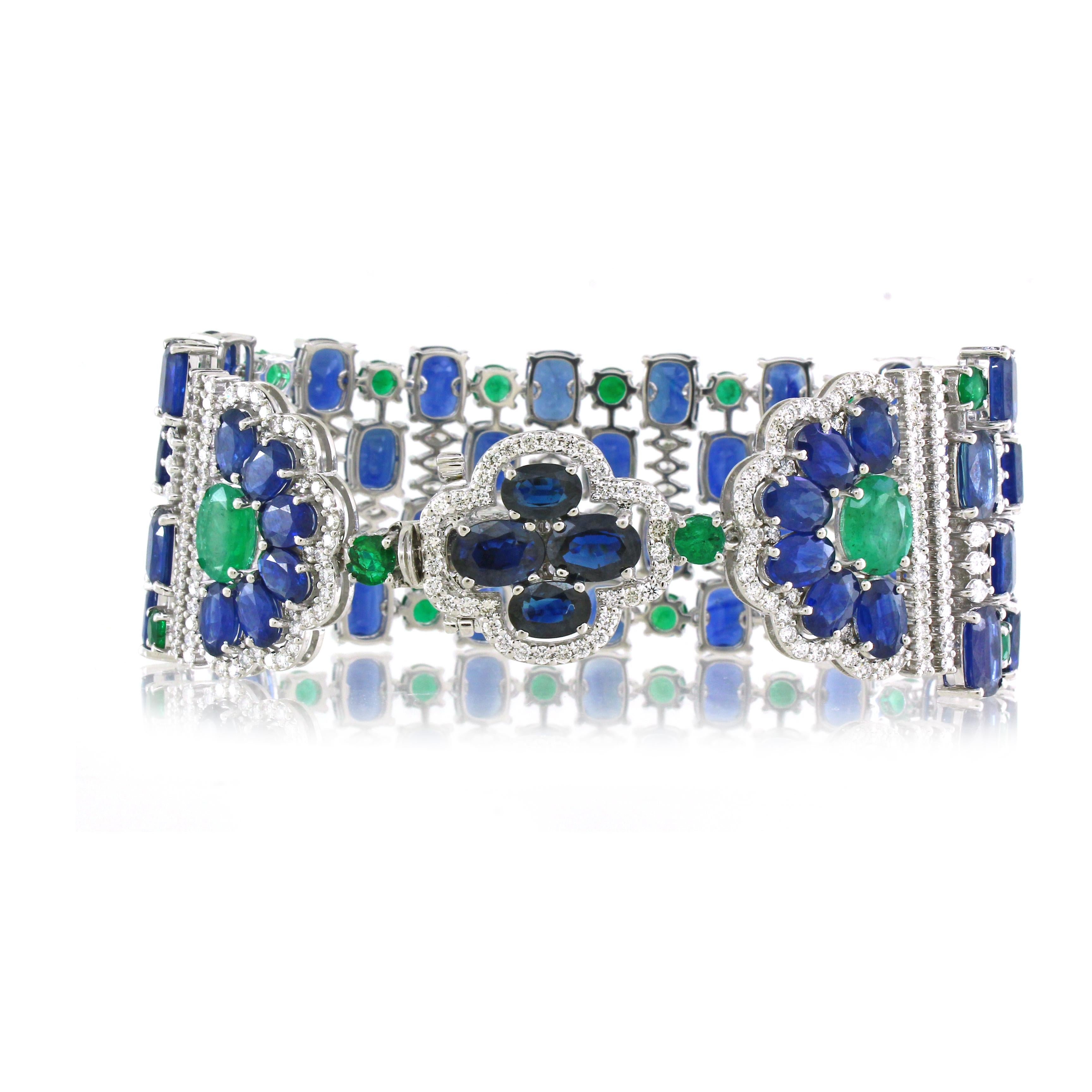 This exquisite bracelet is a harmonious symphony of colors and craftsmanship. It features 56 alluring oval-shaped sapphires, with a combined weight of 52.18 carats, elegantly secured in 4-prong settings, allowing their vibrant hues to shine